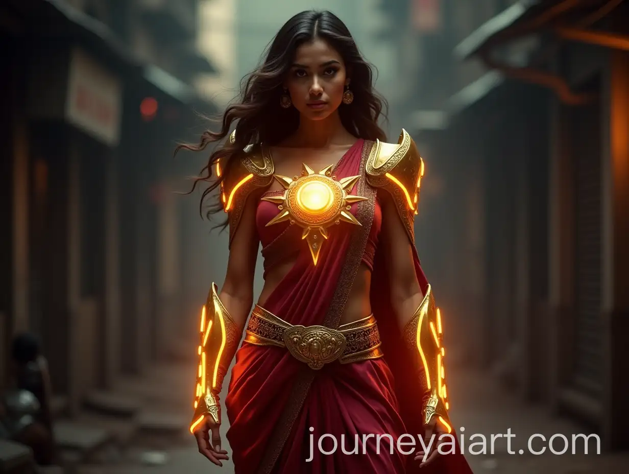 IndianInspired-Female-Superhero-in-Futuristic-Armor-and-Maroon-Nauvari-Saree