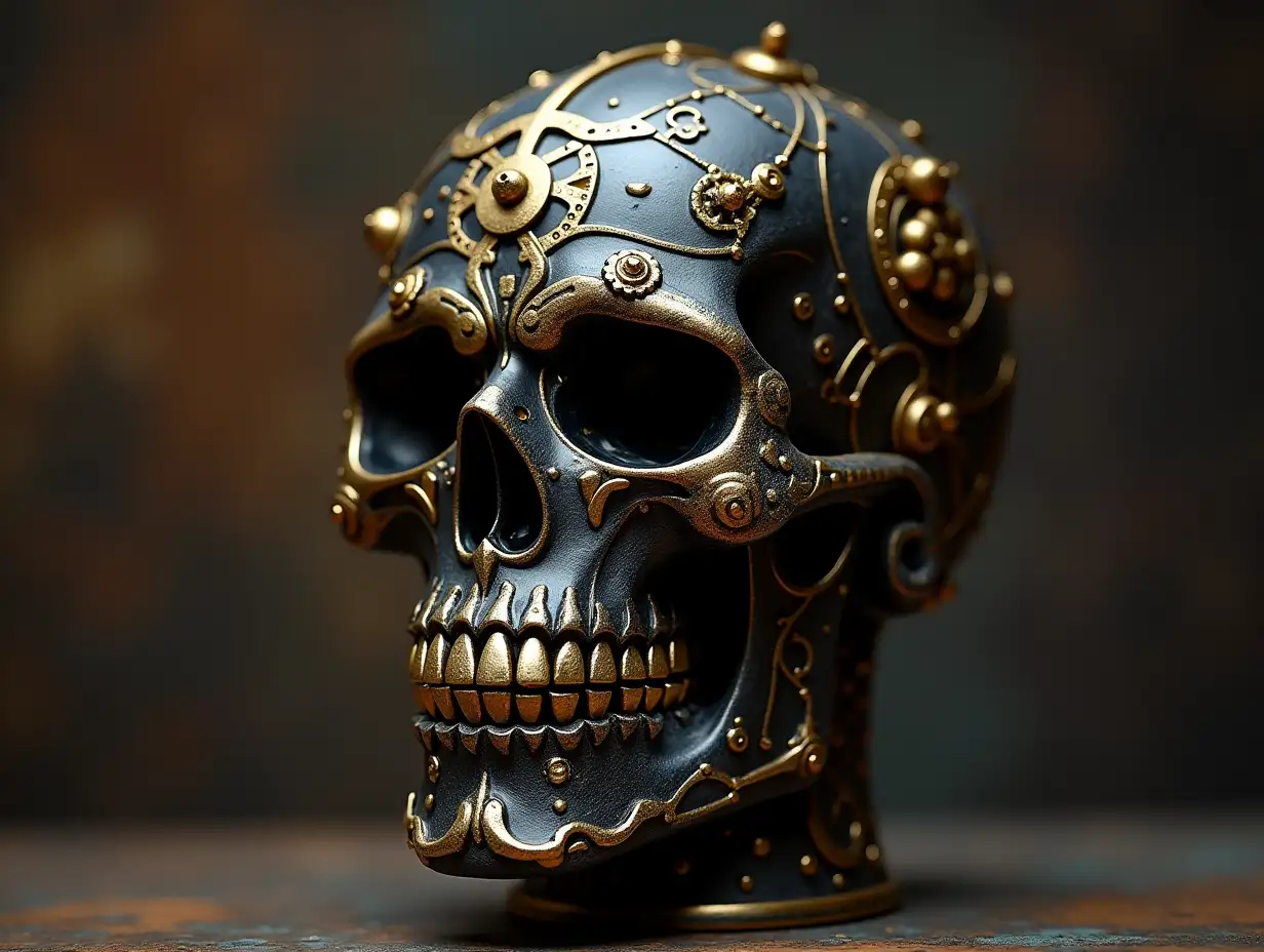 Cyber Totenkopf mit Glasaugen, schwarzes Porzellan mit goldenen Ornamenten Steampunk 100 mm Capture