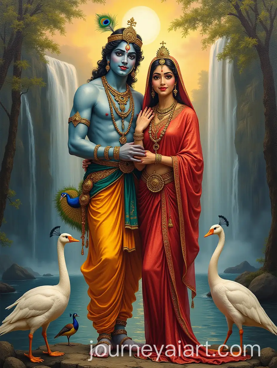 Radha-and-Krishna-Standing-Beside-Waterfall-with-Peacock-and-Swan