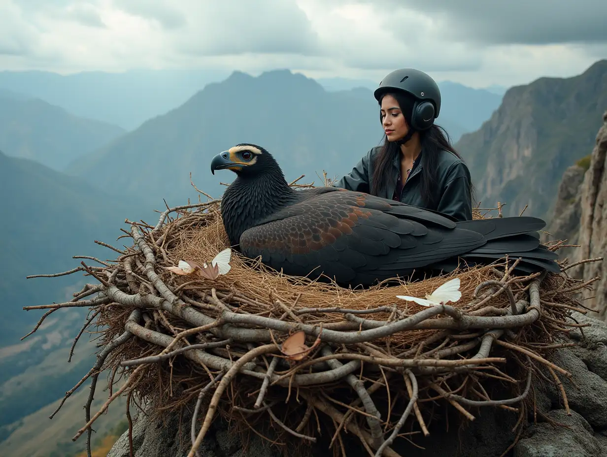 A relaxed andean condor (Vultur gryphus) friendly lying on the nest shares on the top of a mountain with a young woman dressed in pants and a science fiction jacket with a helmet both are friends and share a large intricate nest of small branches, trunks, dry grass, old ropes, old rags in pieces, butterflies, crumpled papers, the woman is calm and happy, relaxed, looking at the landscape from those heights, a dramatic stormy sky. Conceptual art.