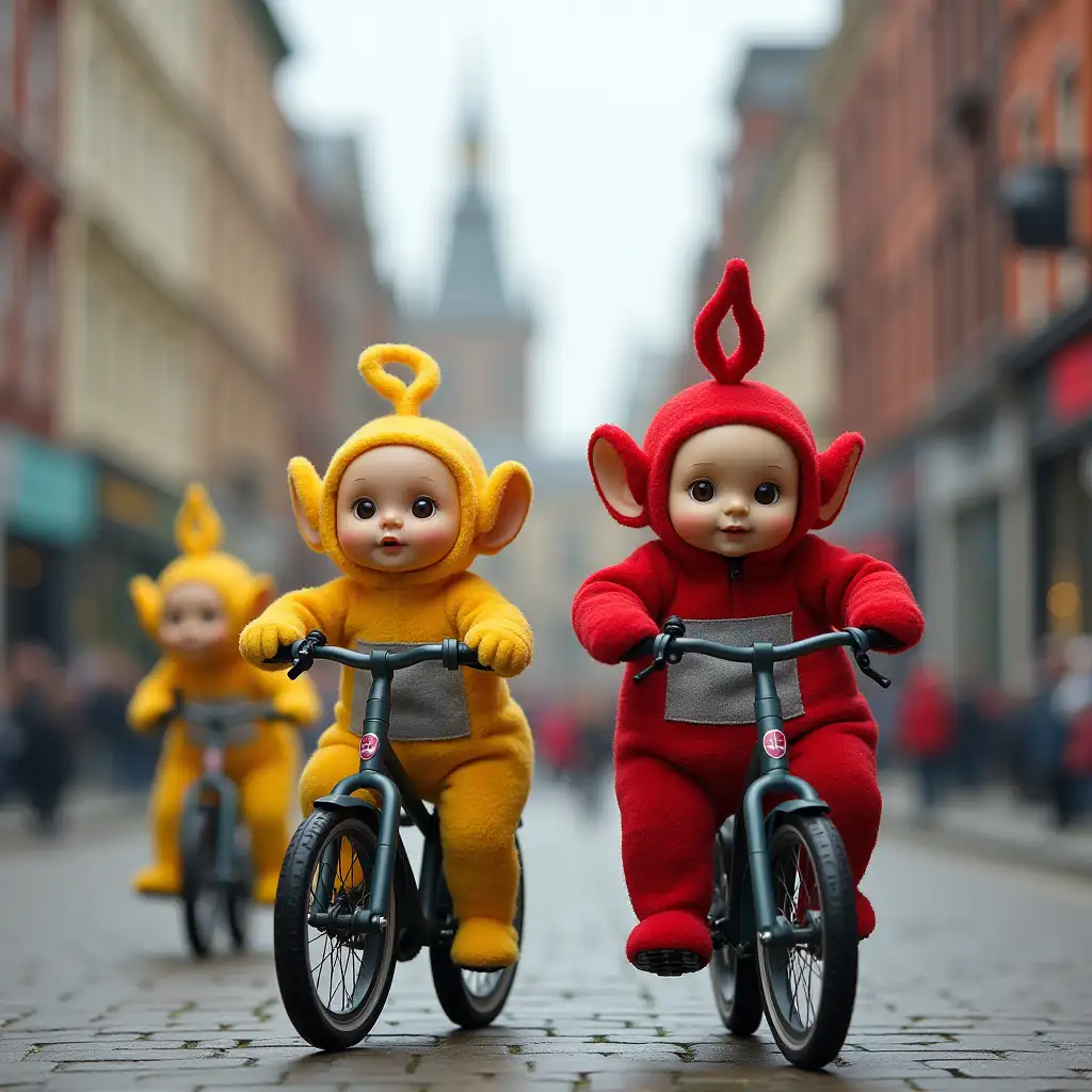 teletubbies dolls riding bikes in the city