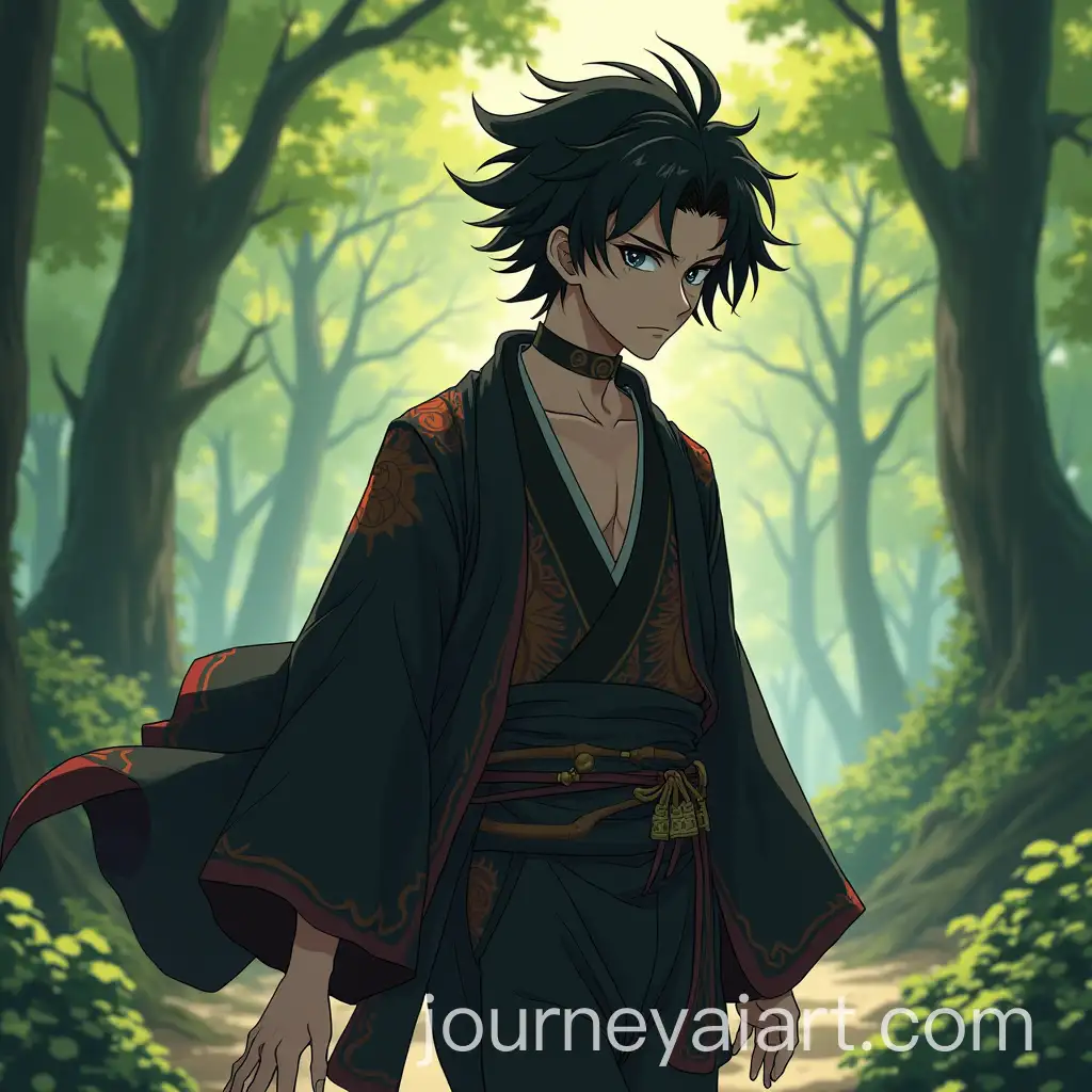Anime-Man-in-Demon-Slayer-Uniform-Walking-Calmly-in-Forest