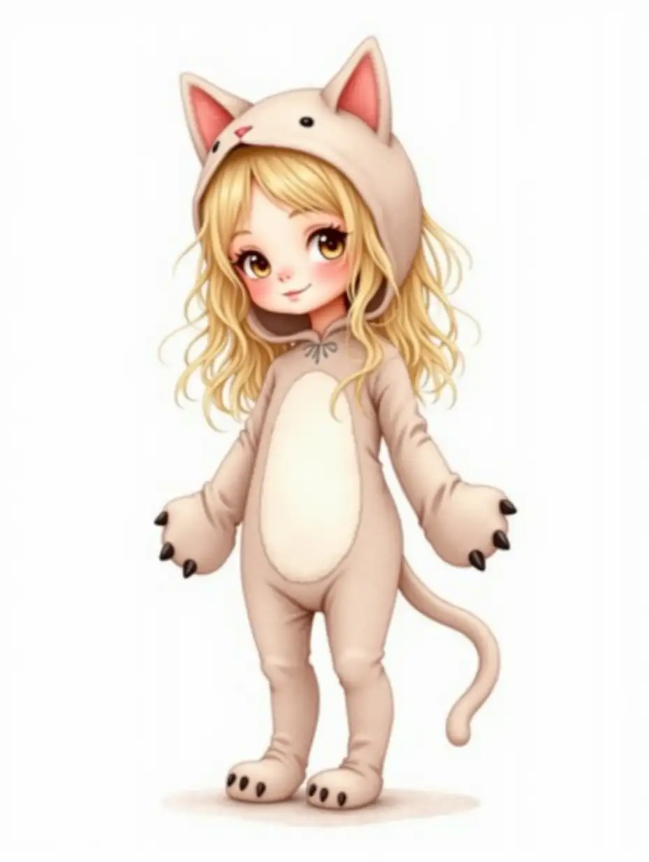 Watercolor illustration on a white background depicting a cute young European-looking girl dressed in a cat costume. She has fair skin, light blonde hair, is wearing cat ears and paw-like gloves. The style should resemble 3d watercolors, bright colors, with a simple white background. 