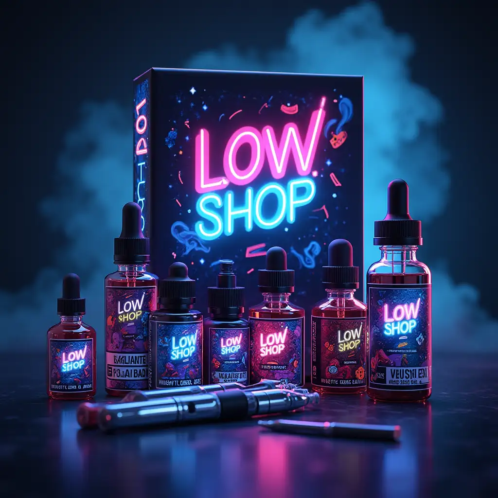 a bright cover with the inscription 'Low Shop', a variety of electronic cigarettes, vaping liquids and accessories, decorated in a dynamic futuristic style. The background should be smooth and modern, with subtle neon lighting and evaporation effects.