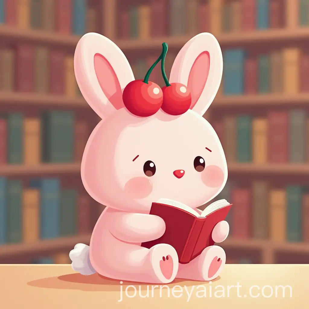Happy-Pink-Bunny-with-Cherry-Bow-Reading-in-Library