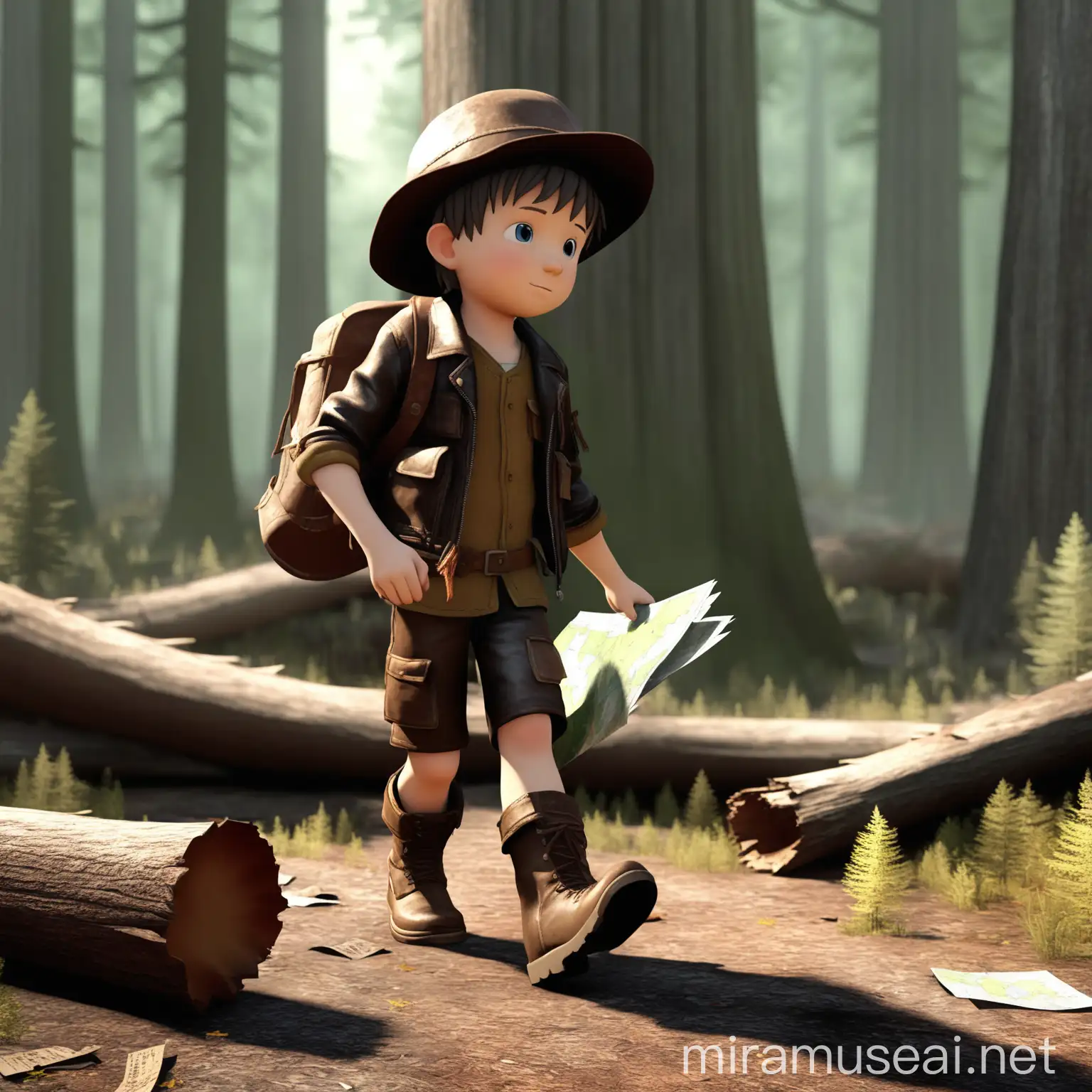 Young Boy Adventurer in Forest with Map