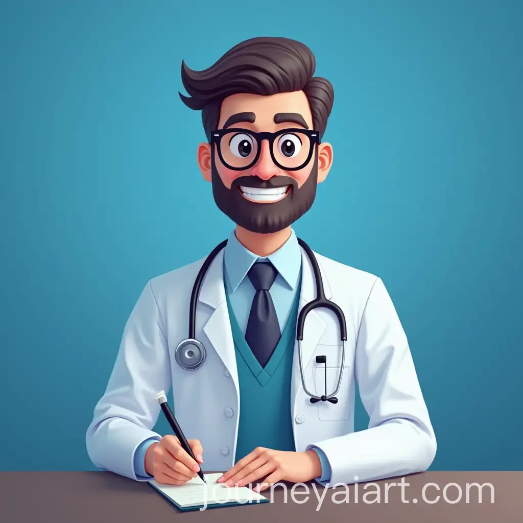 Professional-Doctor-Avatar-Sitting-Behind-Desk-with-Blue-Wall-and-White-Lab-Coat-for-YouTube-Channel