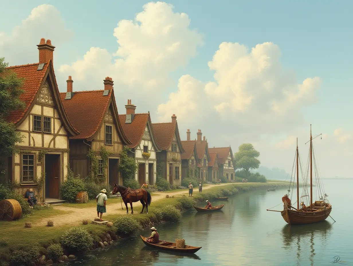 Dreamlike houses next to a river with fishermen, fishing nets, fish baskets, a carriage with horse and a small boat.