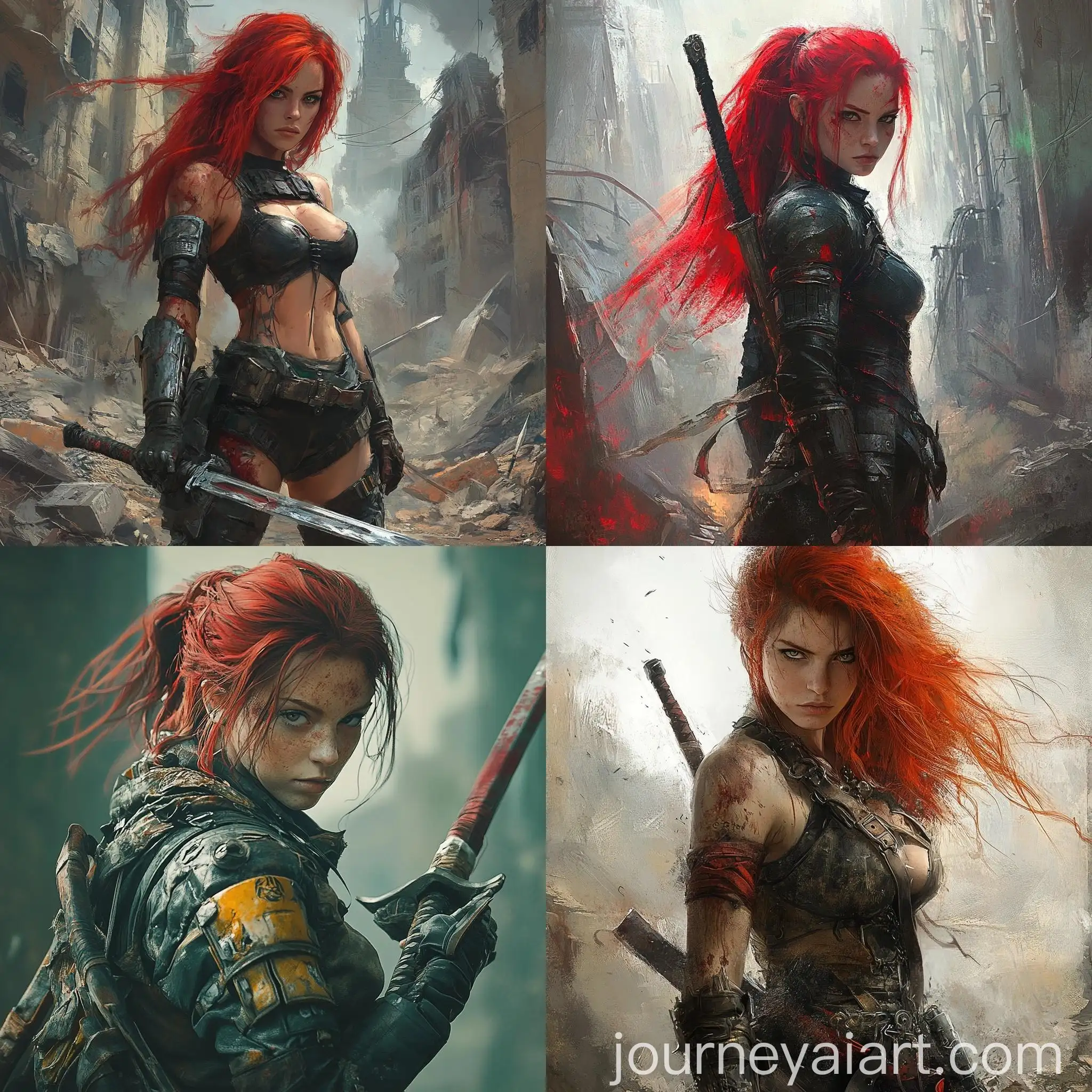 RedHaired-Female-Warrior-with-Sword-in-PostApocalyptic-World