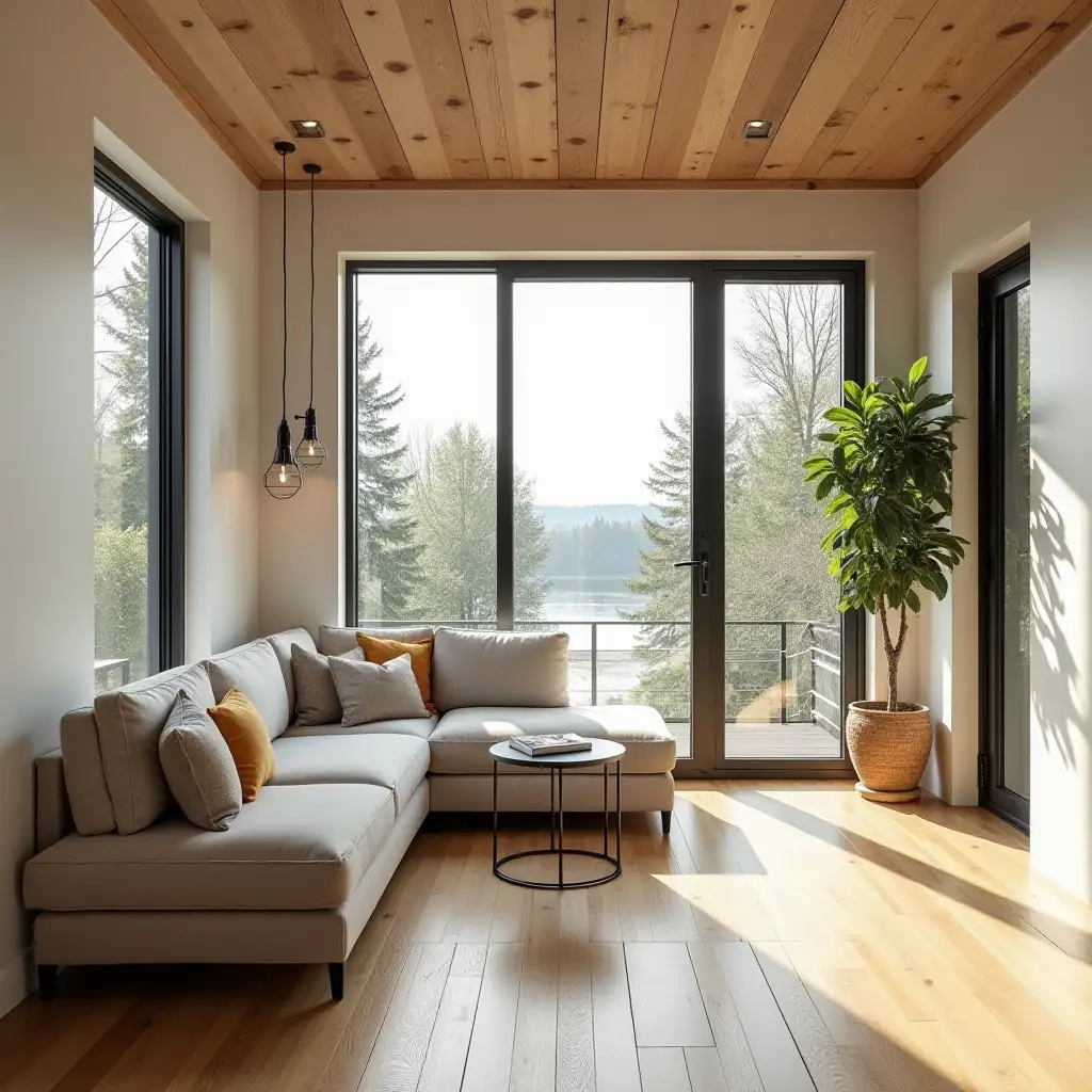 a scene of tiny house interior design. In right across there are corner seating set and small table. In behind of corner set there is a huge window wall to wall which somebody can see outside. Walls and ceiling covered massive wood painted creams tones. Window frames made of black metallic materials. There are hanging ceiling lamps.