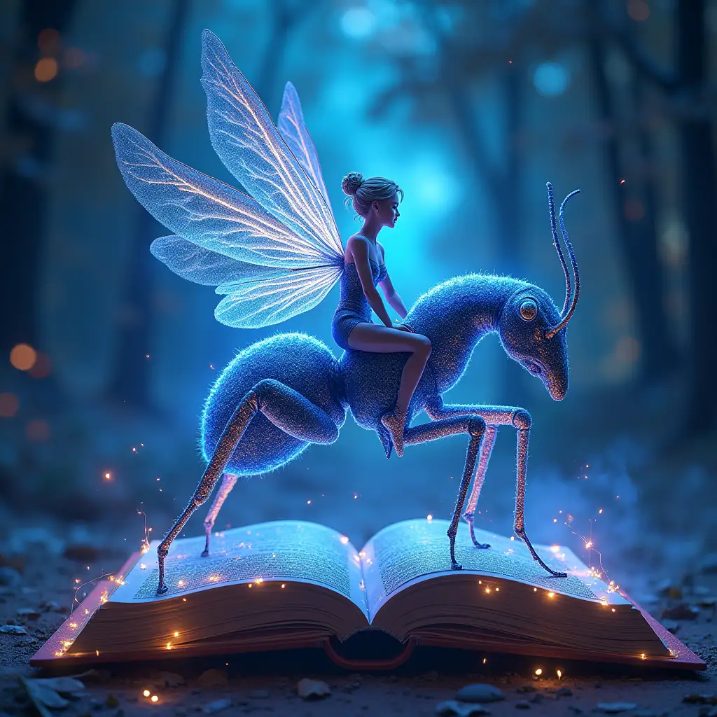 Metallica album cover 2024 live concert， 8K resolution, Cinema 4D,  Unreal Engine 5,Blue Fairy Riding on giant Radiant beauty Fire ant in Fantasy pop up book on the floating cosmic library:🏰📖⚡