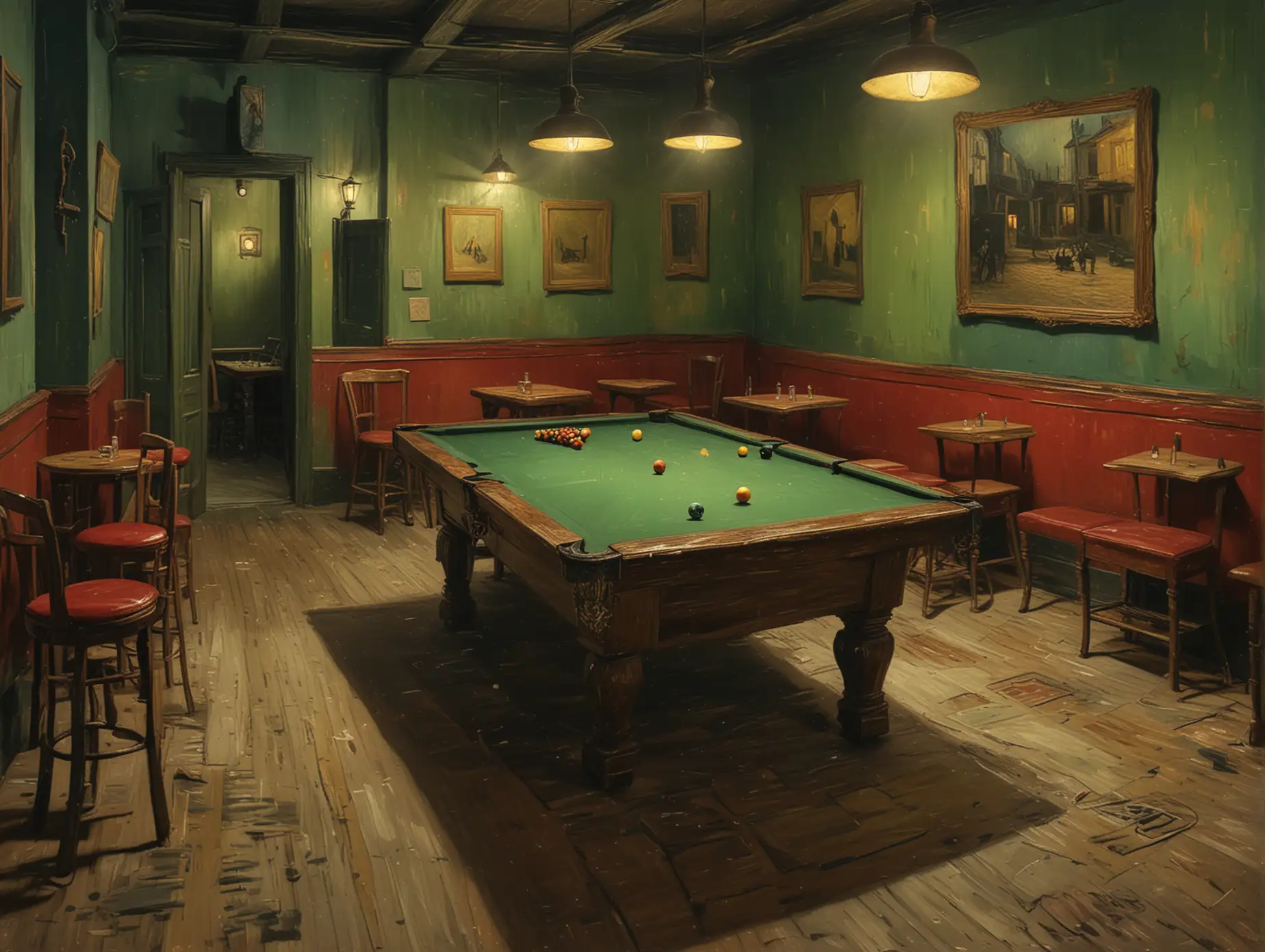 Create an image of a café scene inspired by Vincent van Gogh's The Night Café, set at night with the original color palette of yellow, green, and red. The café has a quiet, somewhat eerie mood, with a prominent billiard table in the middle, illuminated by a spotlight. Drinks are placed on the surrounding tables. Around seven people are present, most sitting at tables while one or two stand near the billiard table. The furniture remains as in Van Gogh's original painting, with thick, short brushstrokes characteristic of his style. Capture the atmosphere of the night with a rich texture and lighting that accentuates the scene’s subtle tension.