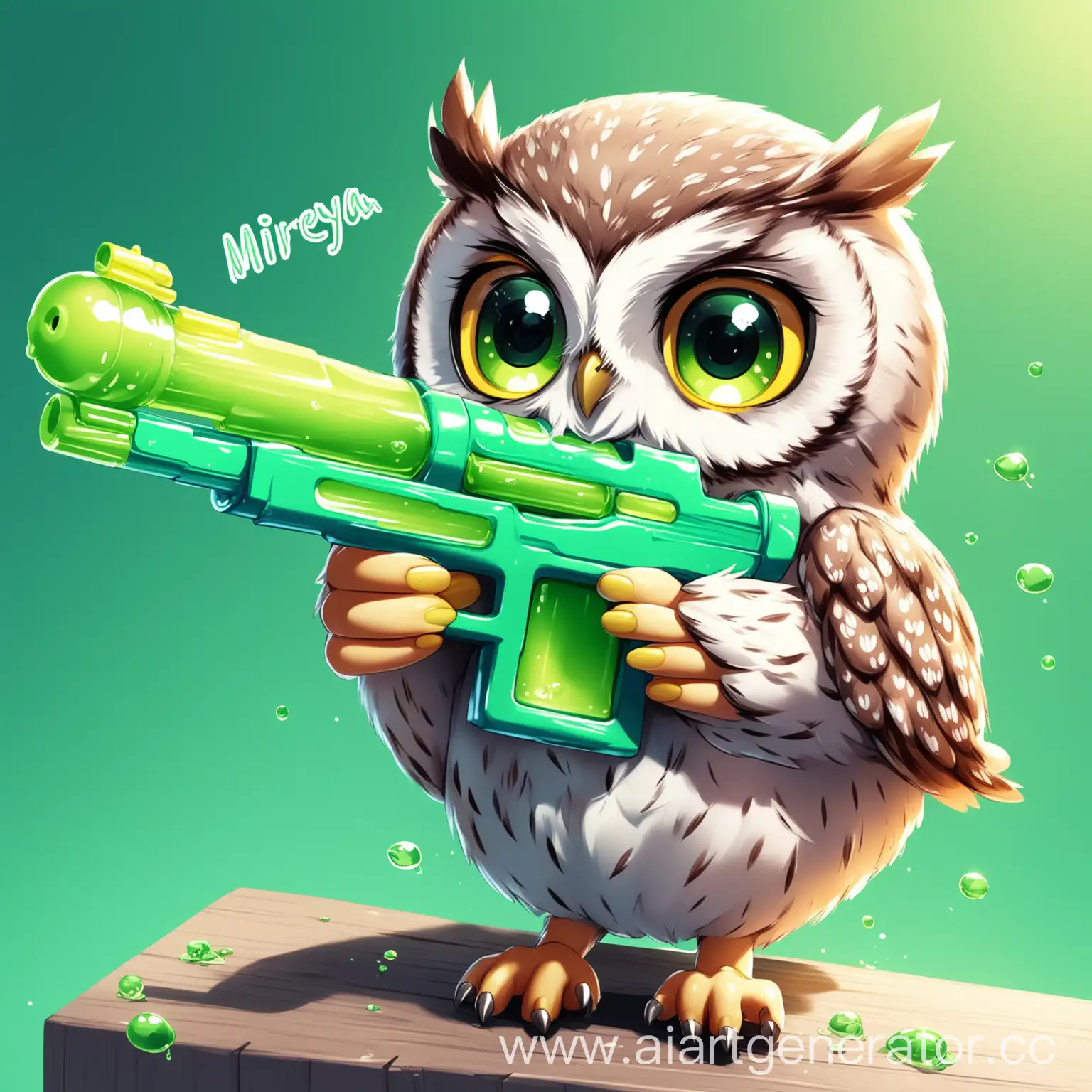 Baby owl holding a green water gun that has my name Mireya