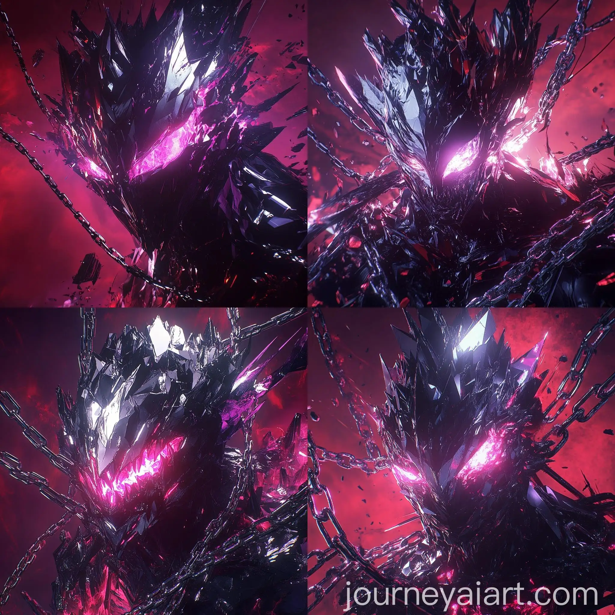 Sinister-Crystaline-Figure-with-Glowing-Eyes-and-Chains-in-Dark-RedPurple-Setting