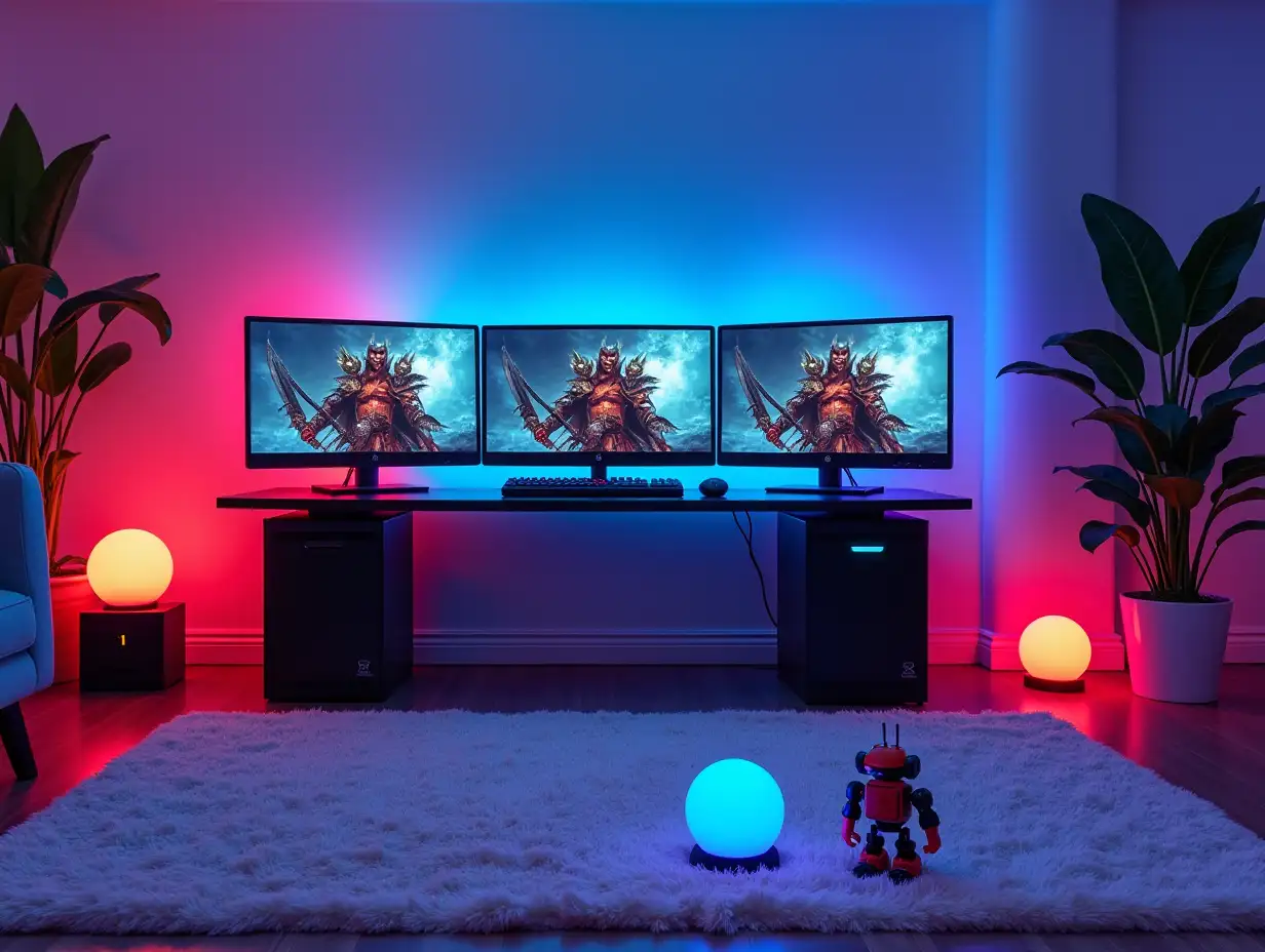 Gaming room white carpet, illuminated balls on the table a small robot toy with three monitors next to each other with images of Demon Slayer bright room colorful 180 Degree Panorama image