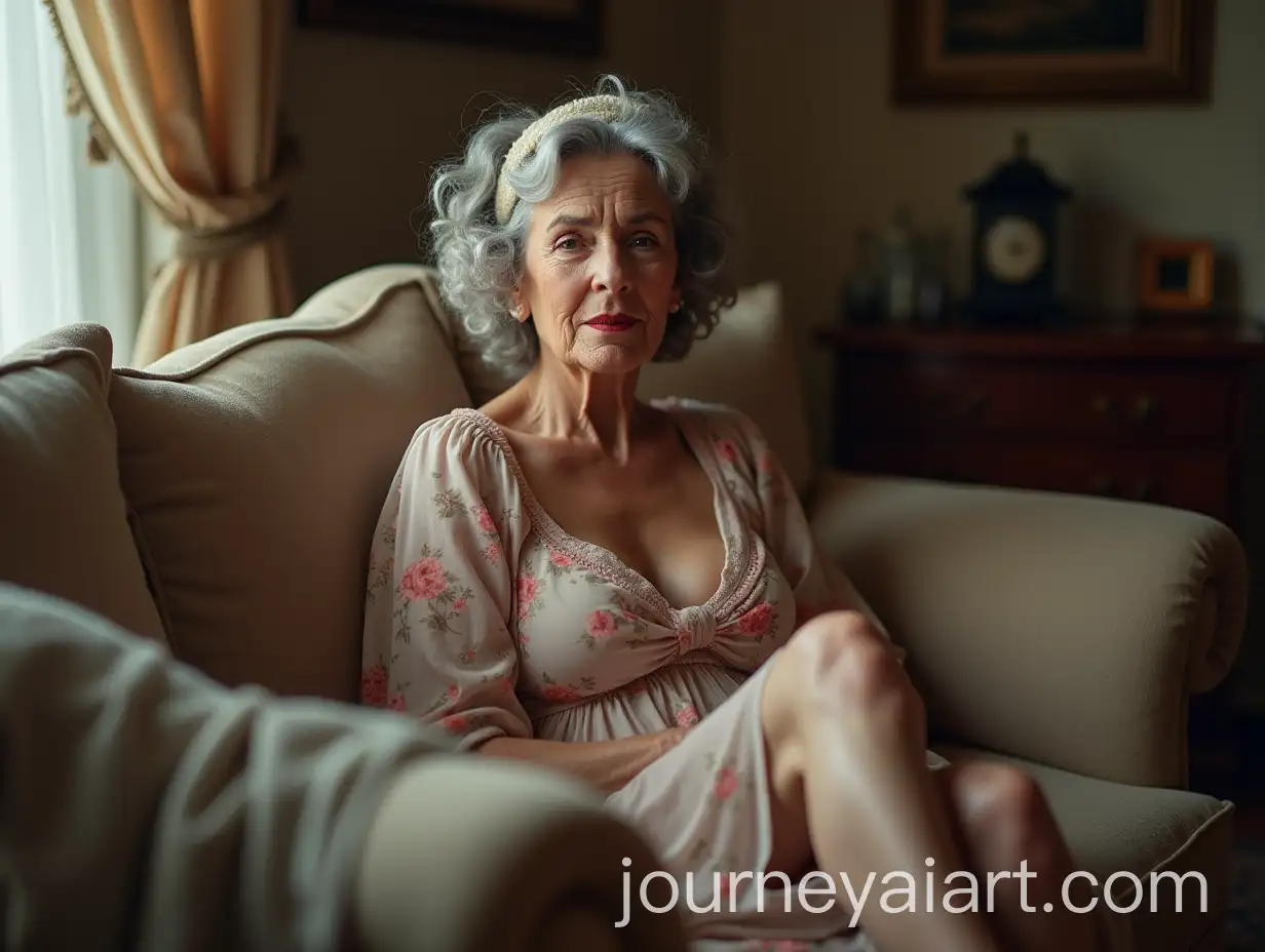 Elegant-Elderly-Woman-with-Gray-Curly-Hair-and-Floral-Dress-Sitting-on-Sofa-in-Cozy-Room