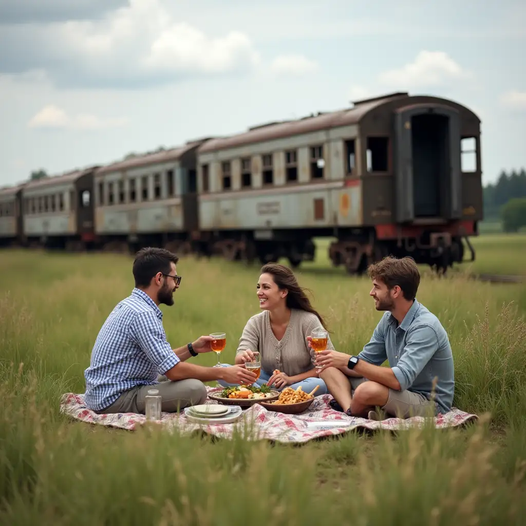 Men and a woman at a picnic in a field near an abandoned train, photo