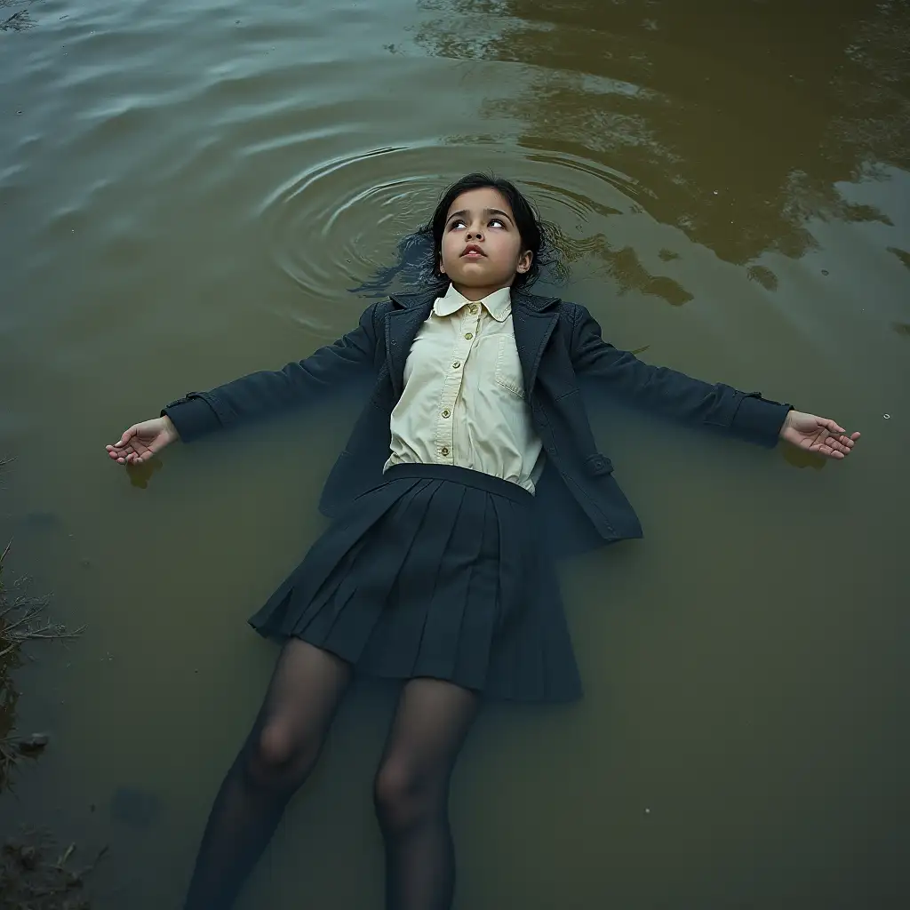 A young schoolgirl in a school uniform, in a skirt, jacket, blouse, dark tights, high-heeled shoes. She is swimming in a dirty pond, lying underwater, all her clothes are completely wet, wet clothes stick to her body, the whole body is underwater, submerged in water, under the surface of the water, below the water's edge.