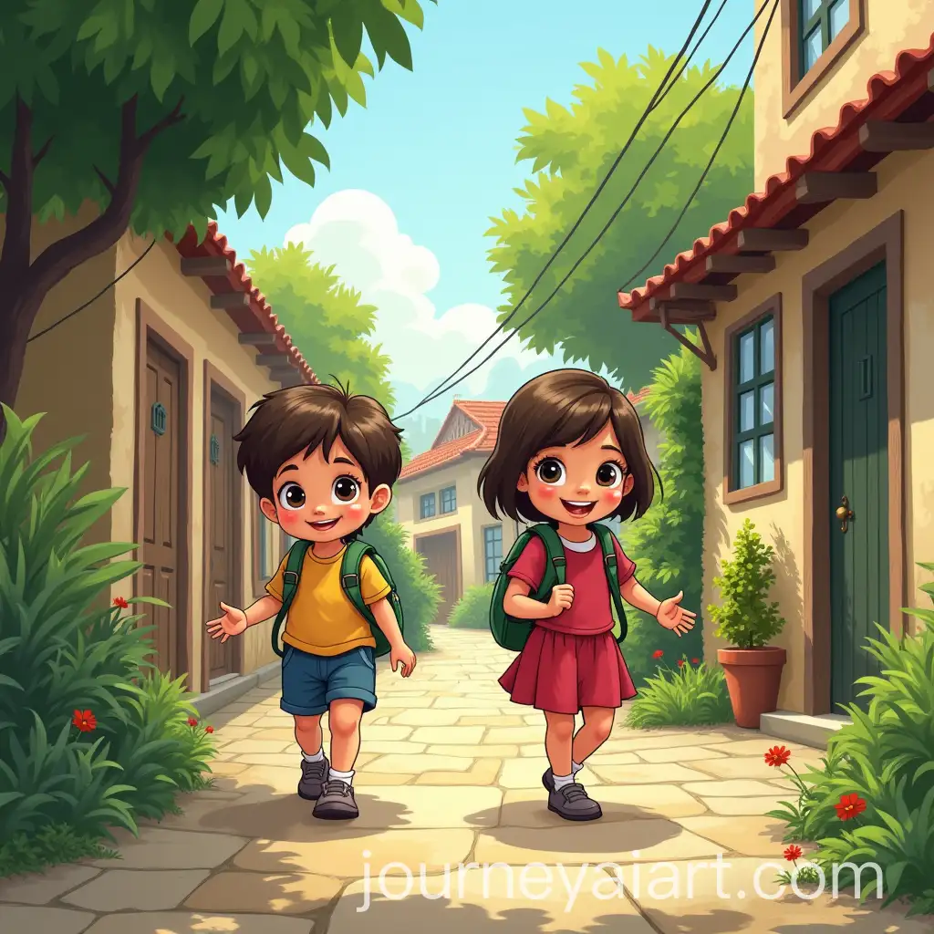 Children-Leaving-School-and-Playing-in-Village-Alleys-Cartoon-Style