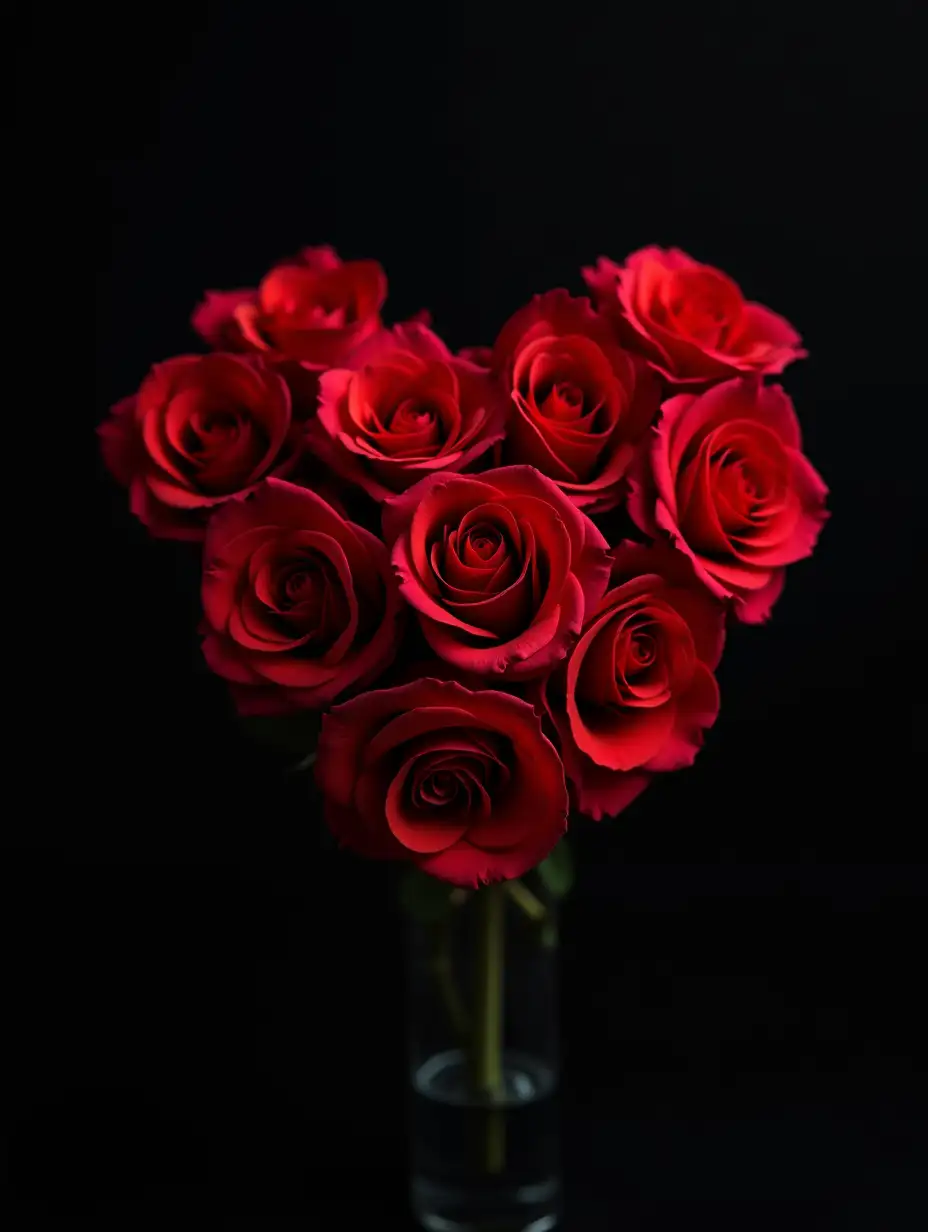 unsophisticated bouquet of red roses forming a heart on a dark background