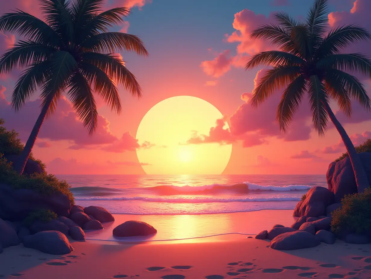 Animated Glowing, Hyper Realistic, Dream Beach, With Palms, Sun Goes Down