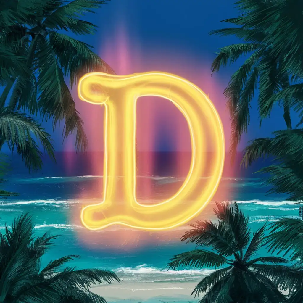 Neon-Yellow-Letter-D-on-Beach-with-Sea-and-Palm-Trees