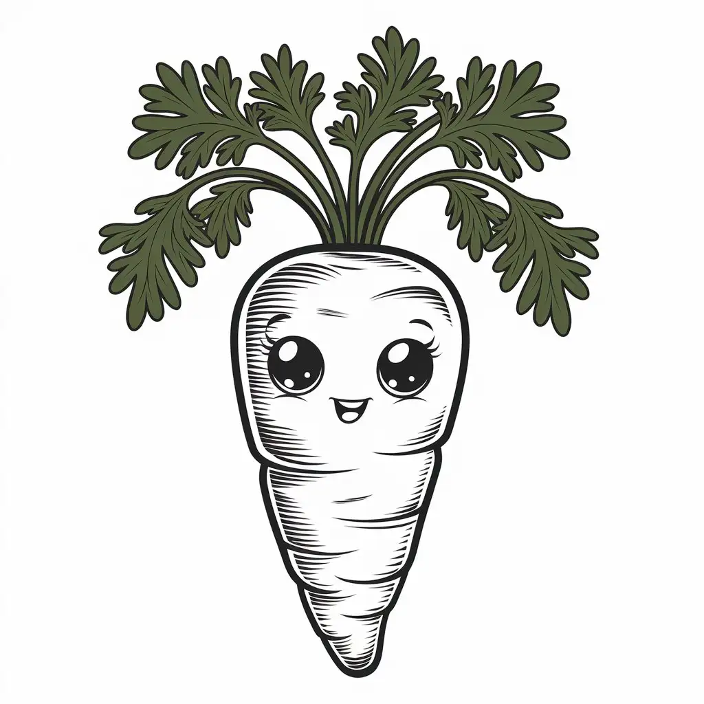 Kawaii Style Happy Carrot with Green Leaves Pointing Up