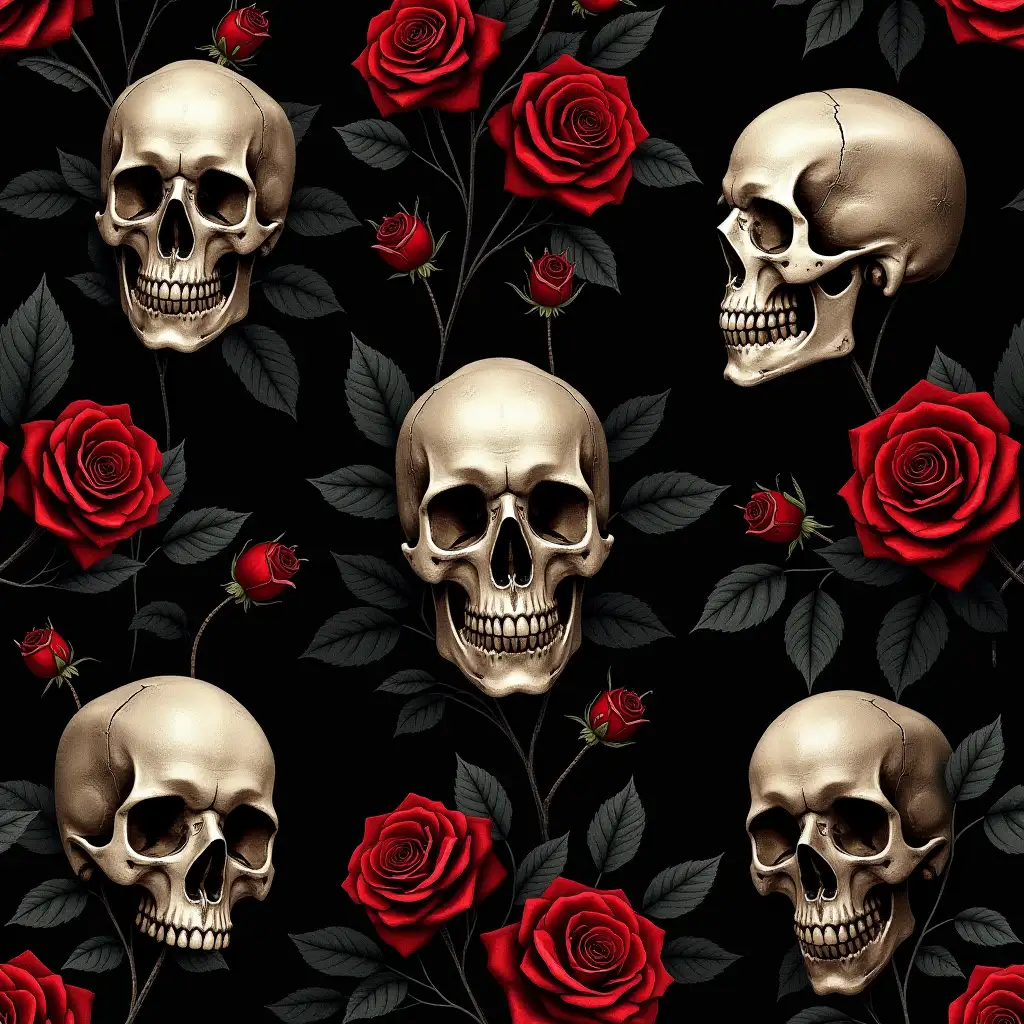 A dark and elegant pattern featuring detailed human skulls surrounded by deep red roses and dark green leaves. The skulls have a mix of metallic and bone textures, creating a striking contrast against a black background. The design has a gothic and mysterious aesthetic, perfect for a bold statement piece. Oil, seamless design