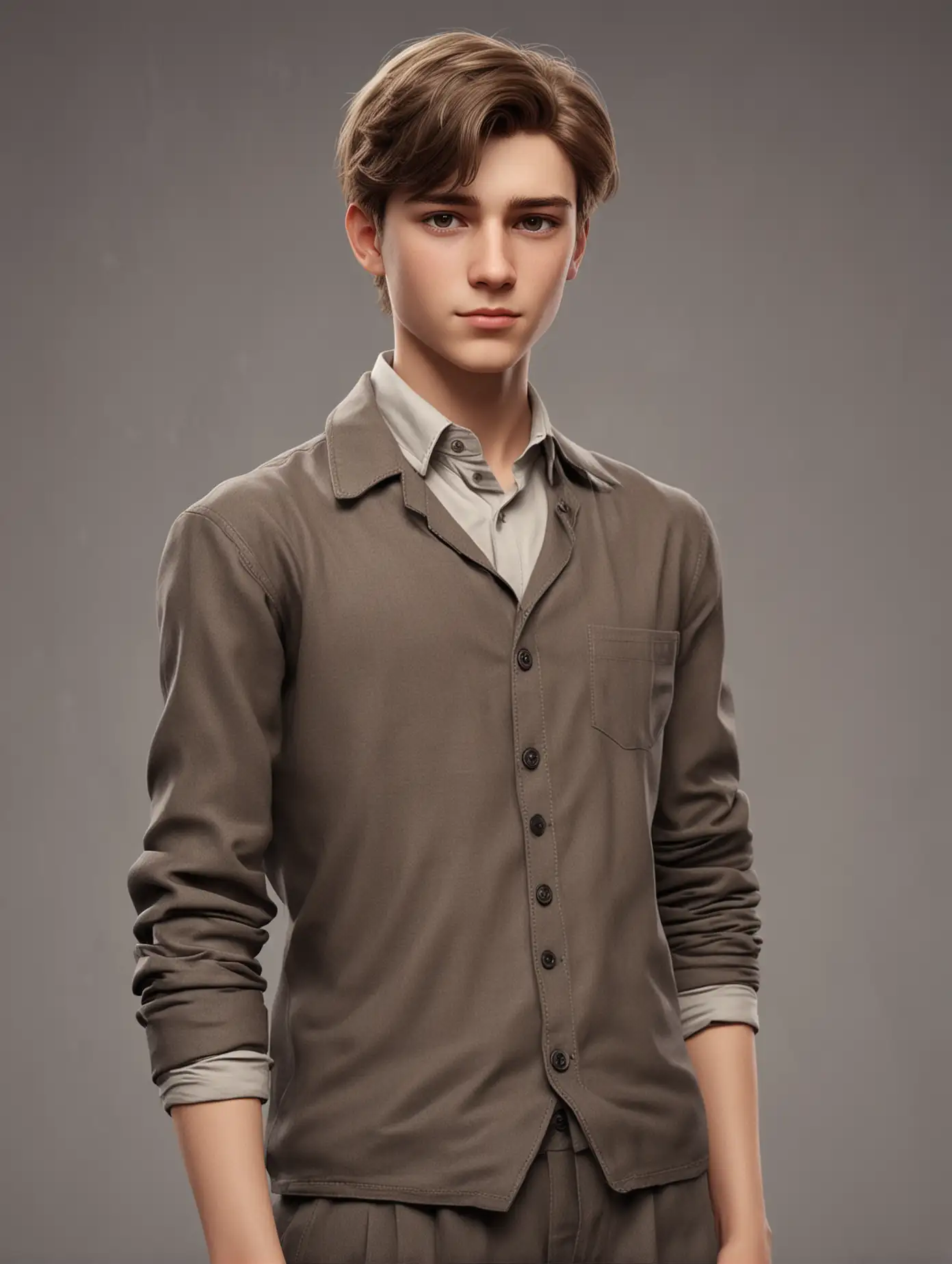 Young Caucasian boy, around 17 years old. Pale, slim brunette with dark eyes. He is 155 cm tall and dresses modernly. Animated style