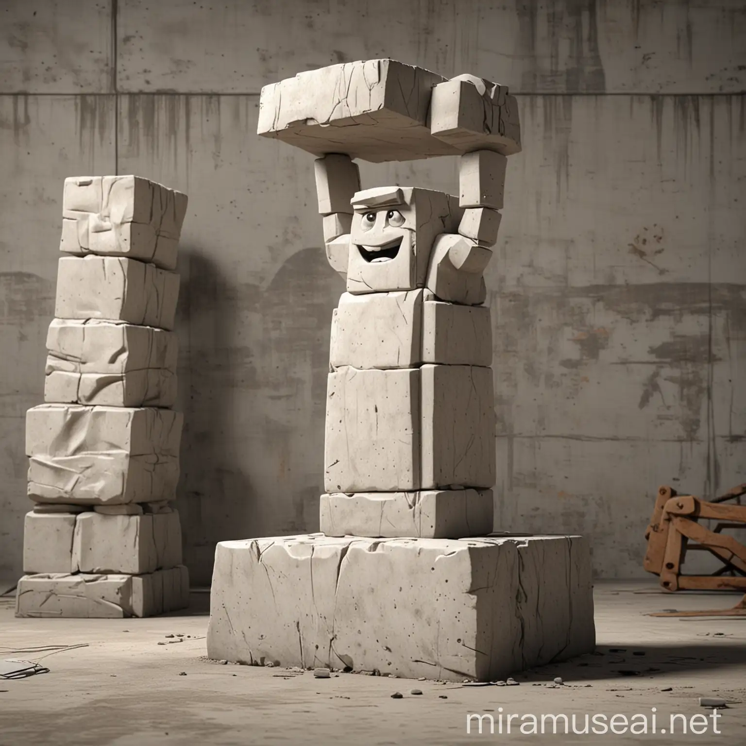 Animated Concrete Block Sculpting Marble Figure in Warehouse