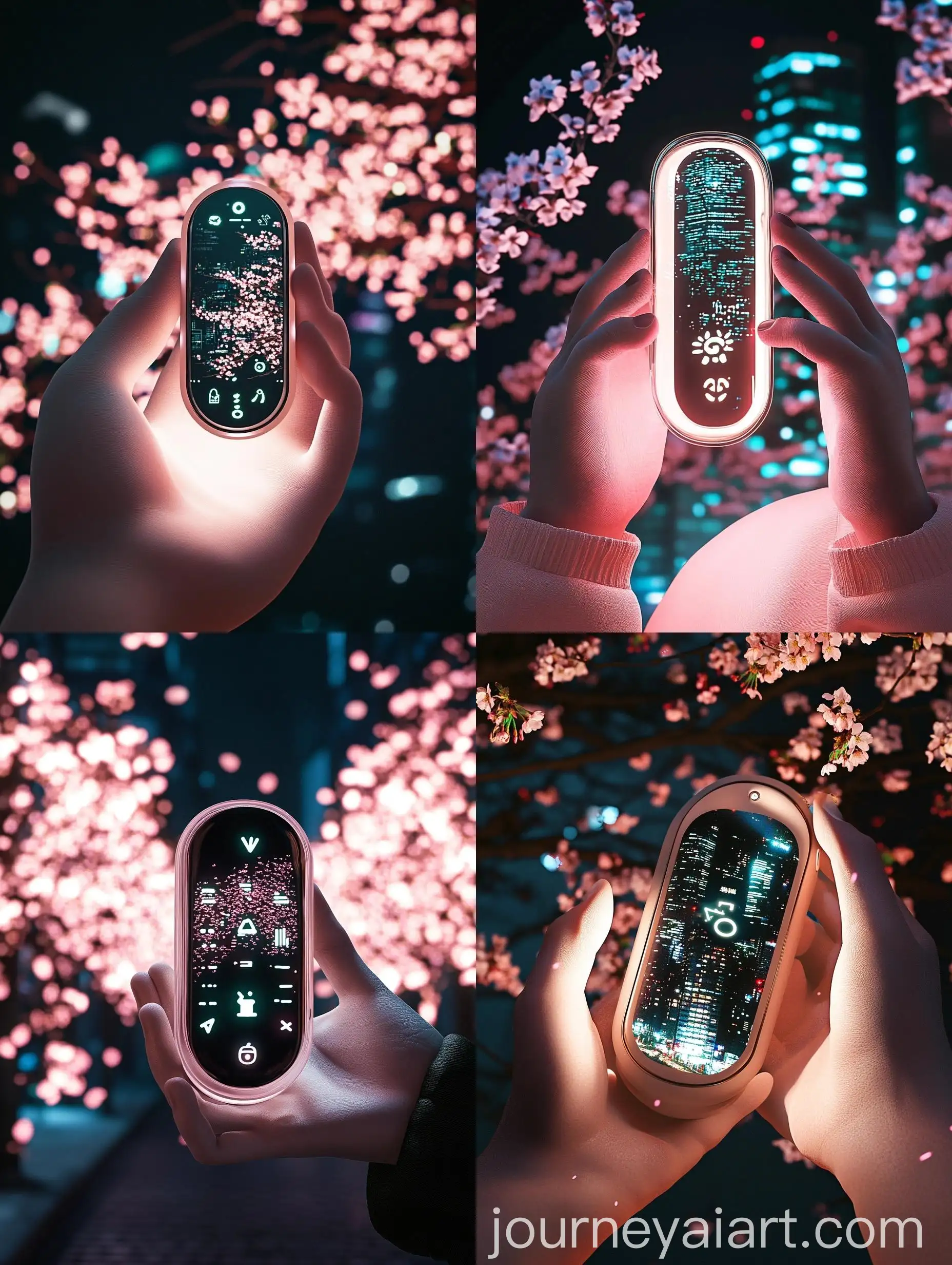 Hipster-Holding-Lantern-in-Night-City-with-Sakura-Blossoms