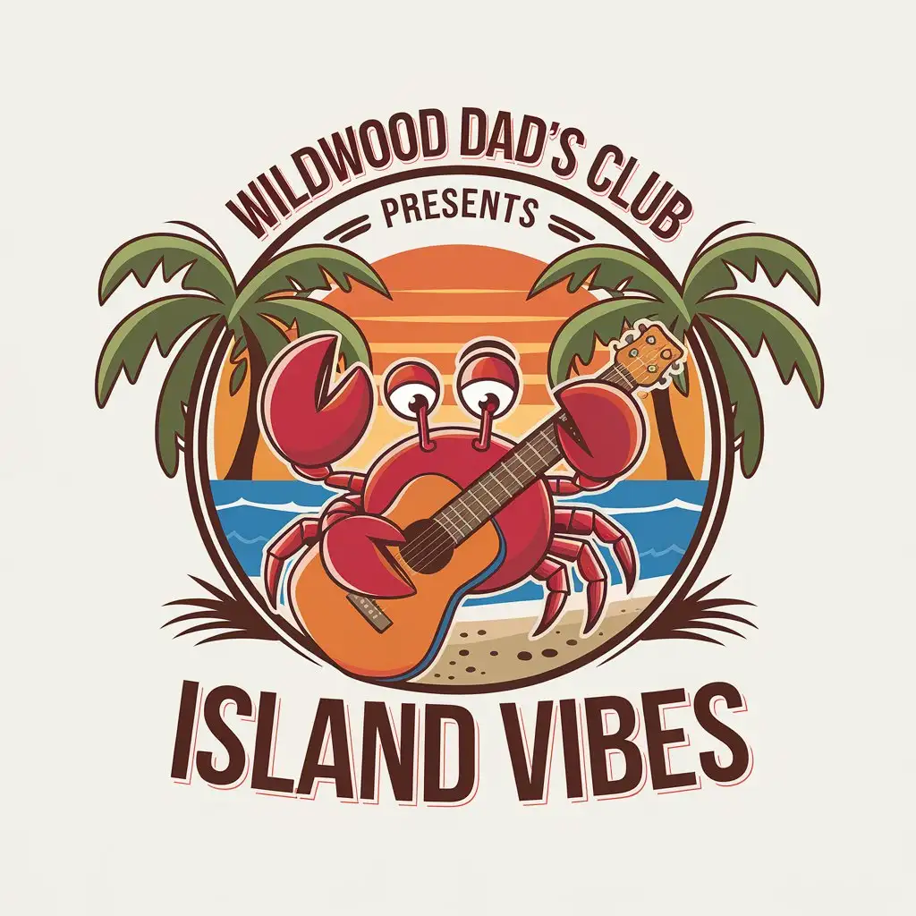 LOGO Design for Wildwood Dads Club Cartoon Crab Palm Trees Beach and Sunset Theme with Island Vibes