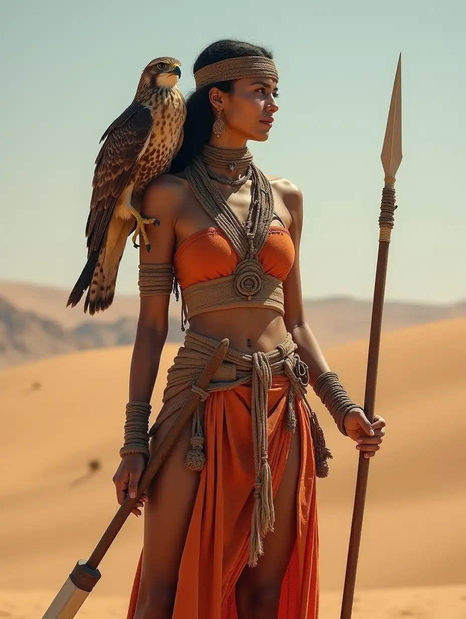 Ancient-Huntress-with-Hawk-in-a-Desert-Landscape