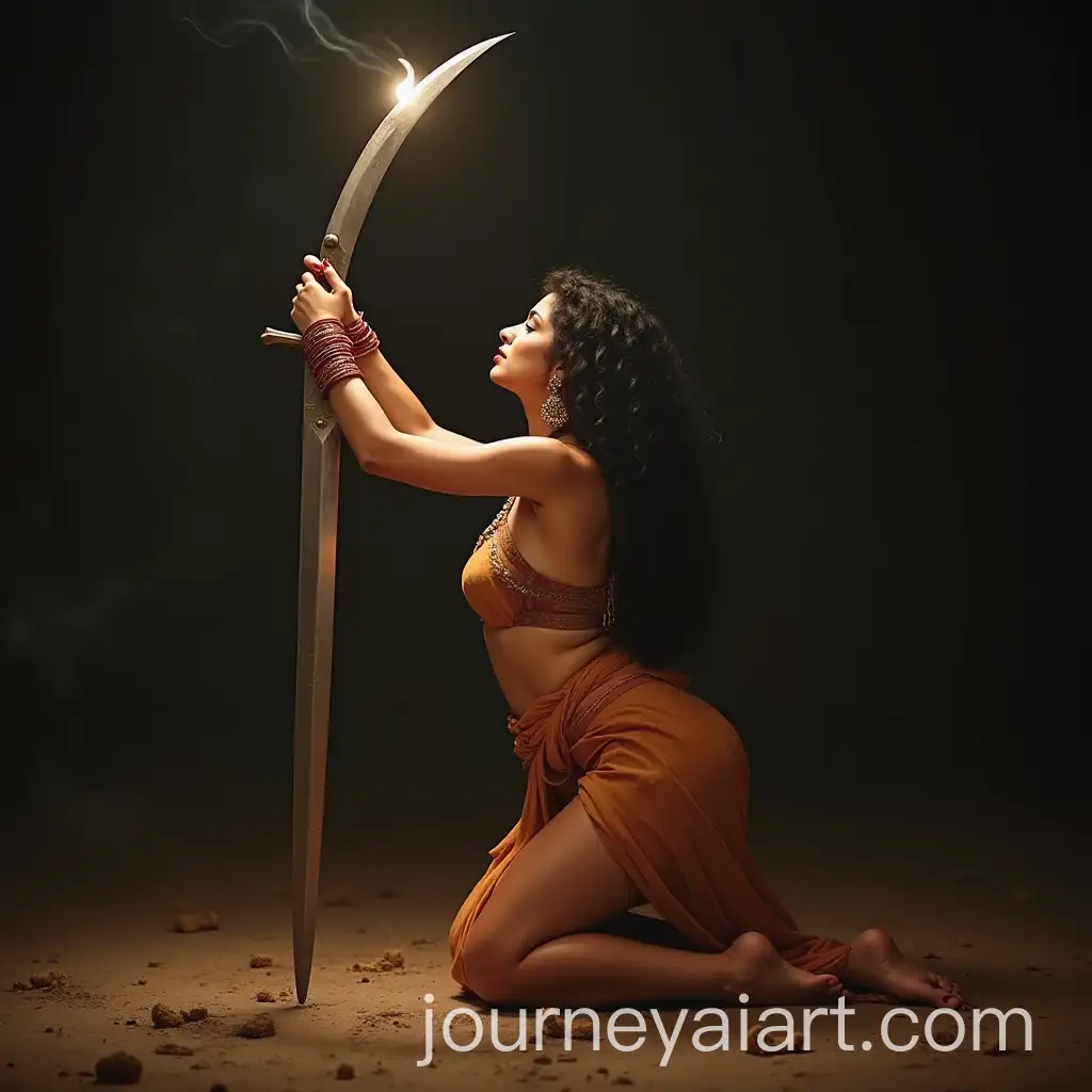 Indian-Queen-Kneeling-with-Sword-Adorned-Feet-and-Saree-Surrounded-by-Torchlight