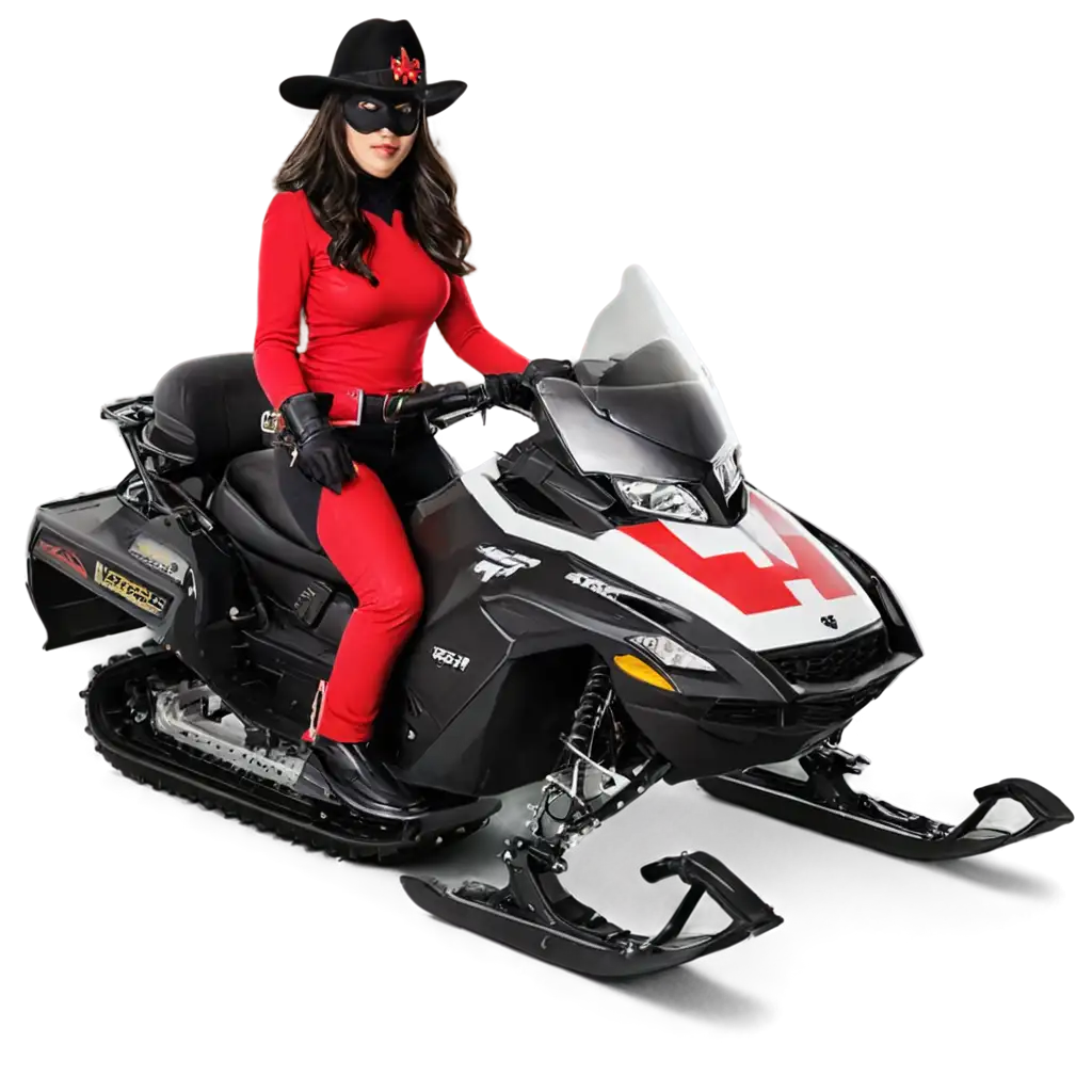 Female-Superhero-PNG-Image-Red-Outfit-with-Maple-Leaf-Black-Mask-and-Mountie-Stetson-Hat-on-Snowmobile