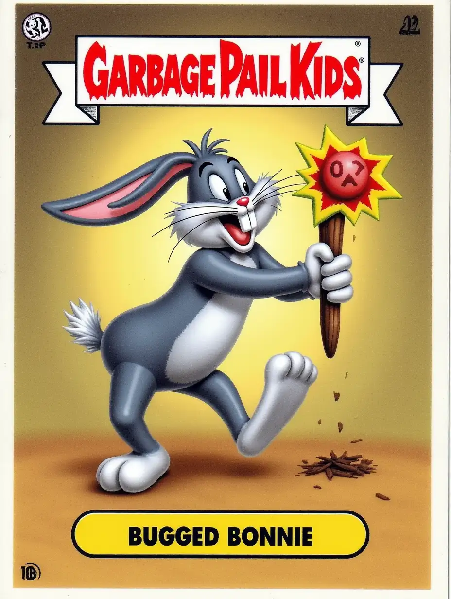 Bugs Bunny being shot, Garbage Pail Kids trading card, Text on bottom: Bugged Bonnie