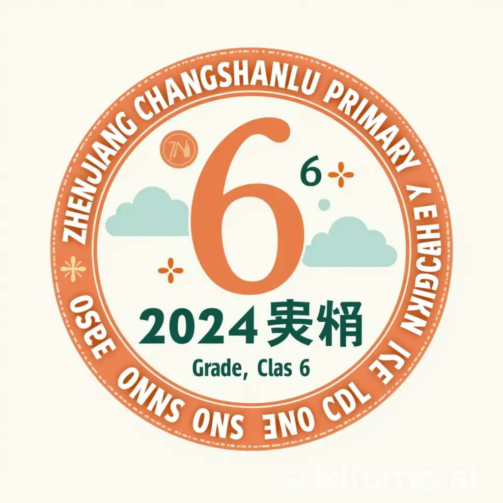 I want to create a school logo with the following information: the outside circle writes 镇江市中山路小学 (Zhenjiang Changshanlu Primary School, Zhenjiang City), and the center is a large number 6 with the words 2024级6班 (Grade 6, Class 6) below it.