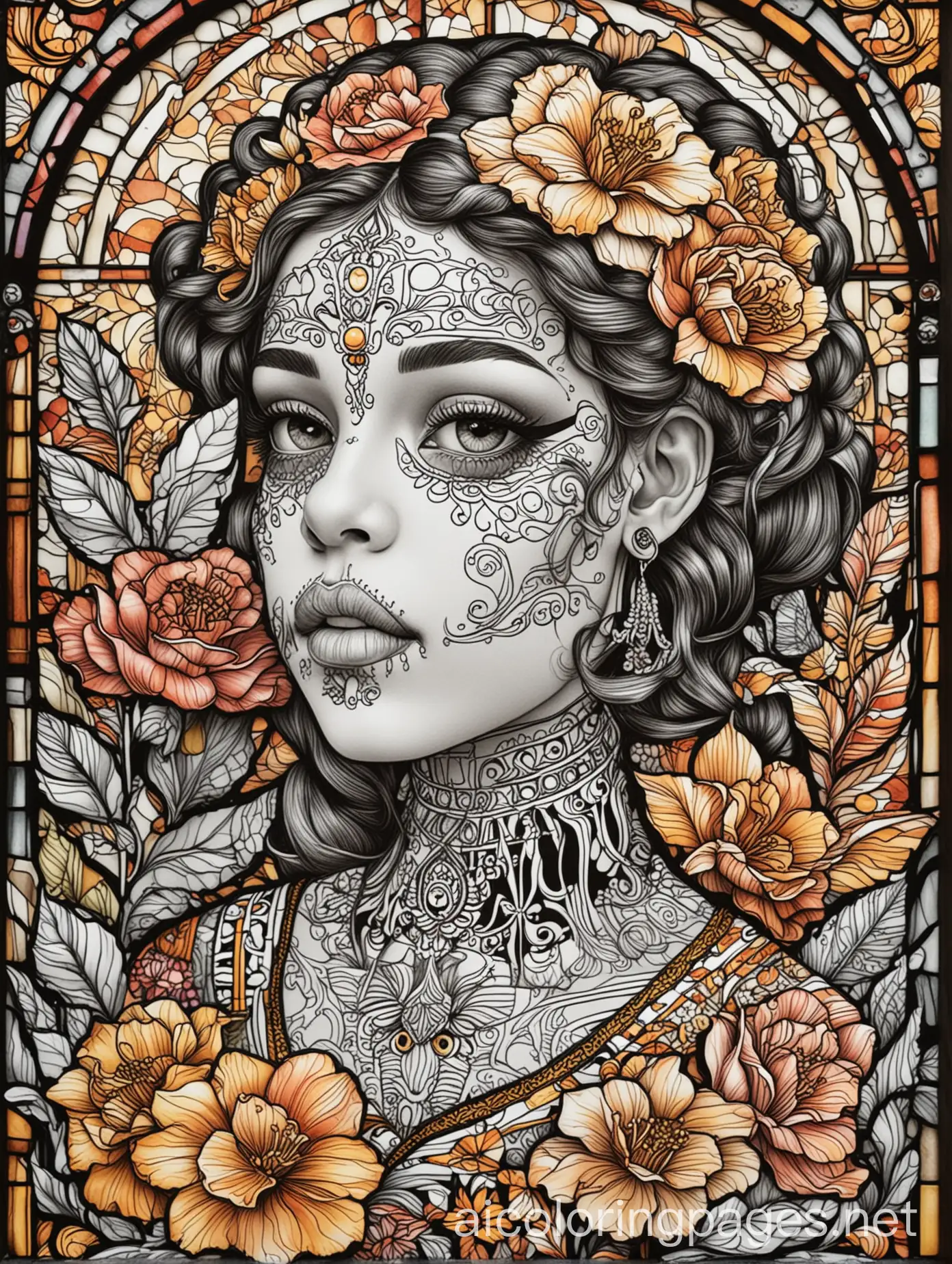 Coloring-Page-of-Black-Child-in-Day-of-the-Dead-Makeup-with-Stained-Glass-Background