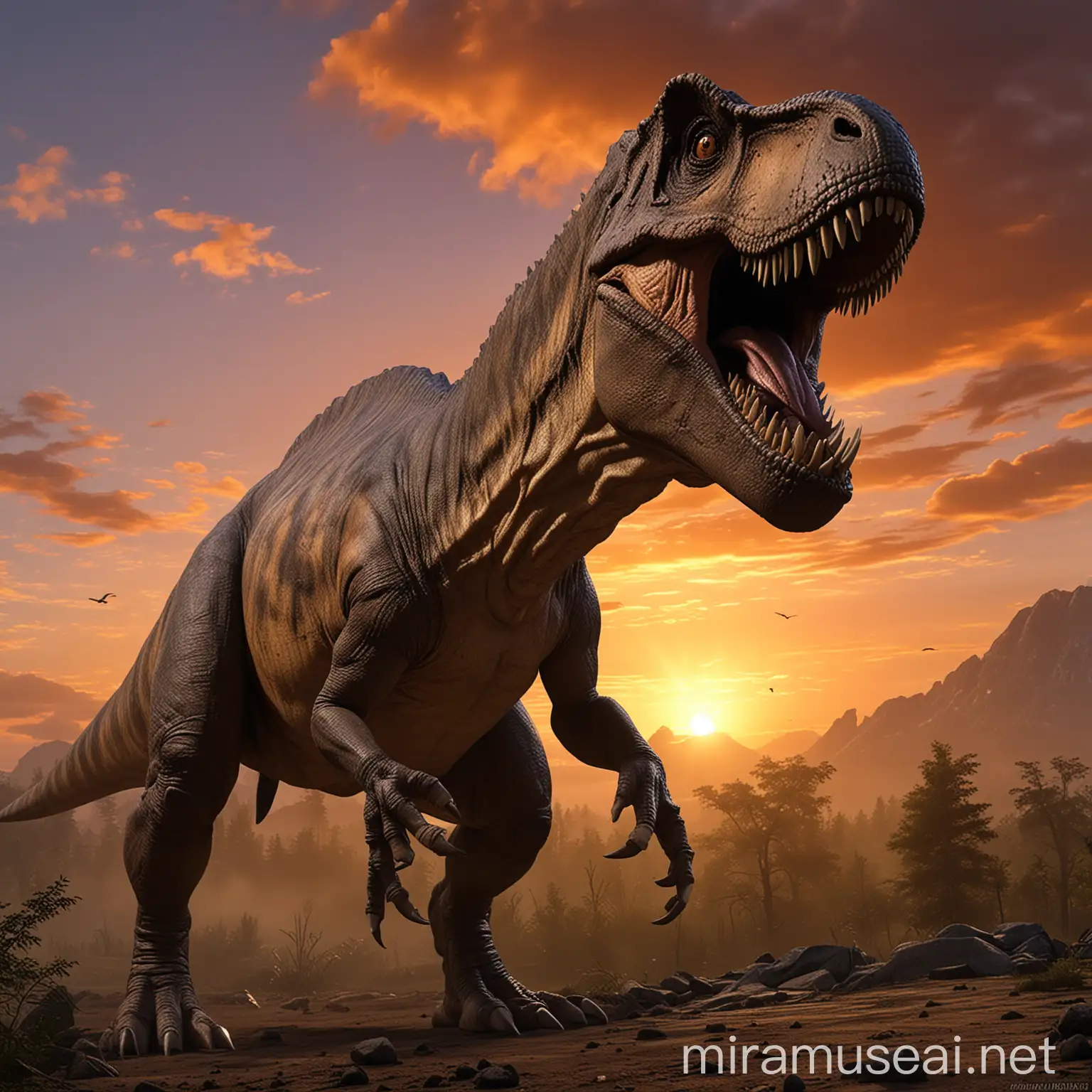 TRex Dinosaur with Human Face in Prehistoric Sunset Scene