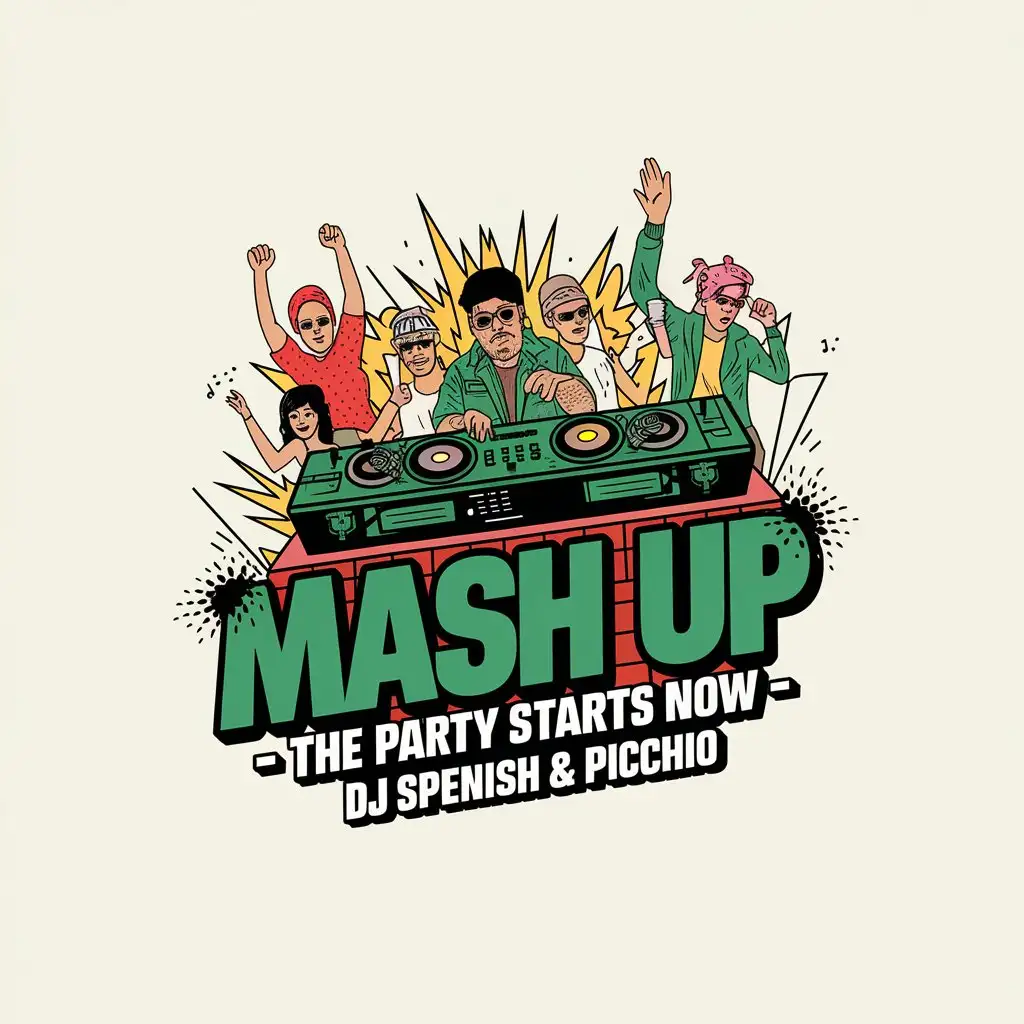 LOGO Design for MASH UP DJ Spenish Picchio with Block Party and Comic Style in Green Yellow and Red Colors