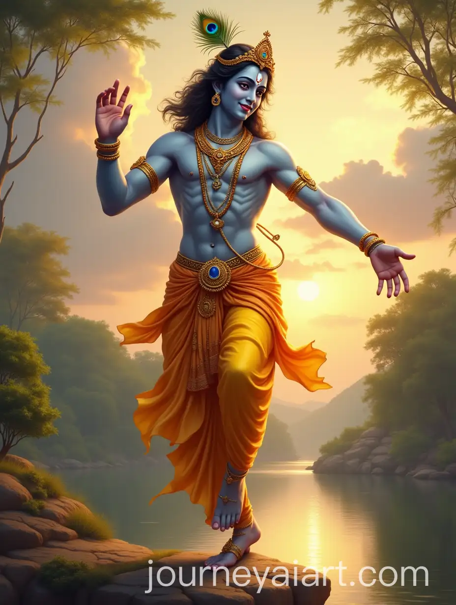 Lord-Krishna-Dancing-Gracefully-in-a-Serene-Twilight-Landscape