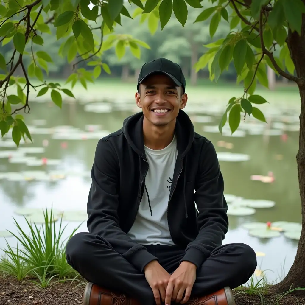 Smiling-Indonesian-Man-Relaxing-Under-Cemara-Tree-by-Scenic-Lake