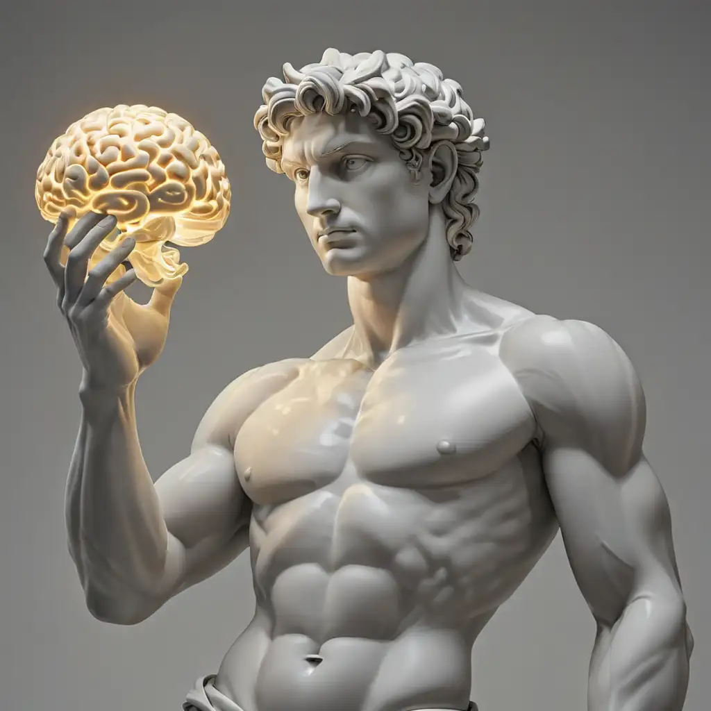 David-Sculpture-Holding-Illuminated-Brain-in-Cyber-Art-Style