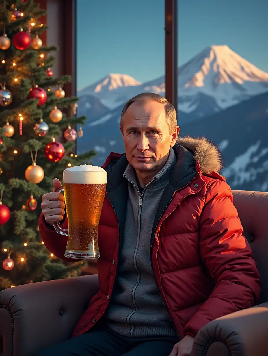 Putin with a mug of beer in hand, under the New Year's tree, decorated with Christmas decorations, against the background of Kamchatka volcanoes, congratulates Kamchatka beer lovers with the New Year!