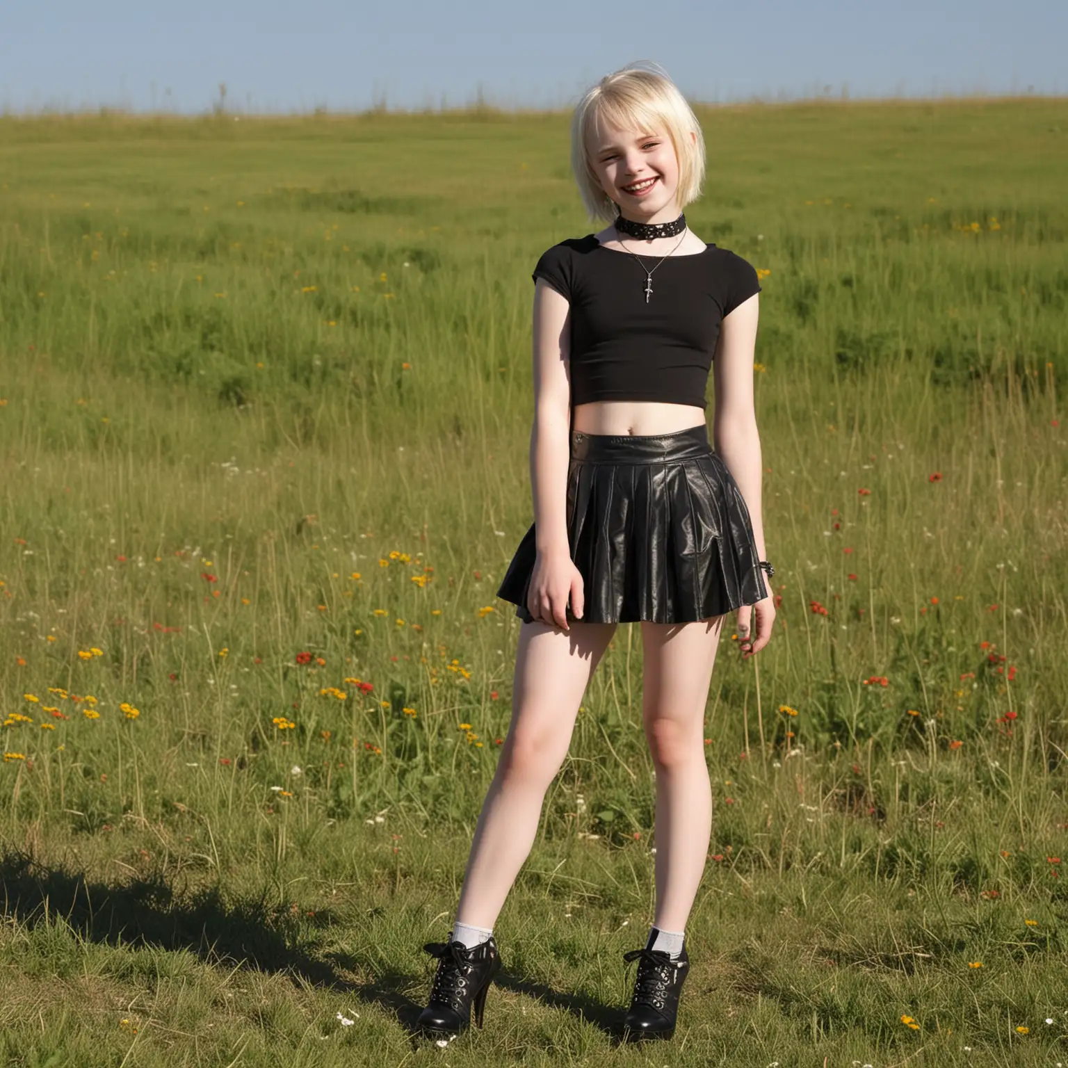 12 year old goth girl, fair skin, high heels,  full view, sunny,meadow background, short hair, short skirt,grinning,choker, brackets