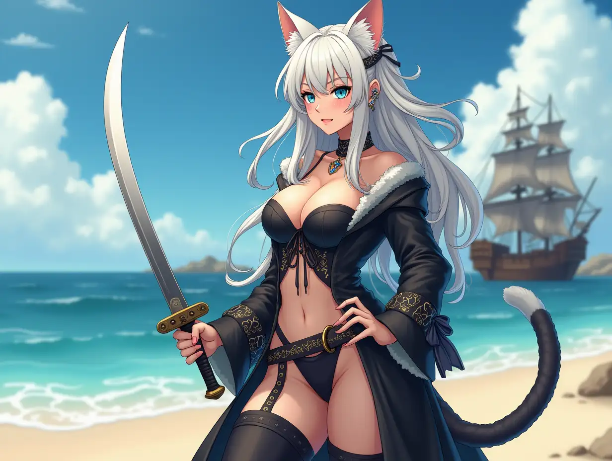 A mature adult feline/woman dressed as a pirate with a sword on a beach.  A pirate ship in the background. Her 30-something years are disguised by her youthful facial features, except for her subtle wrinkles around the eyes, extremely slender body. Her ample bosom strains against her clothing, threatening to burst free from the fabric, extreme cleavage.  Wearing black thigh high pirate boots. She has piercing blue cat eyes. A choker adorns her neck, a subtle hint at her feline nature. Her long, white hair cascades down her back like a wild waterfall, tangled and disheveled. Her cat-like teeth glint in the light, as her white fur-lined ears punctuate her visage with sparkling black and gold earring adorns each ear, adding a touch of elegance to her feline features. Cat whiskers on her face. The attached tail at the base of her spine stirs lazily.  Long fingernails. Full body view. Anime.