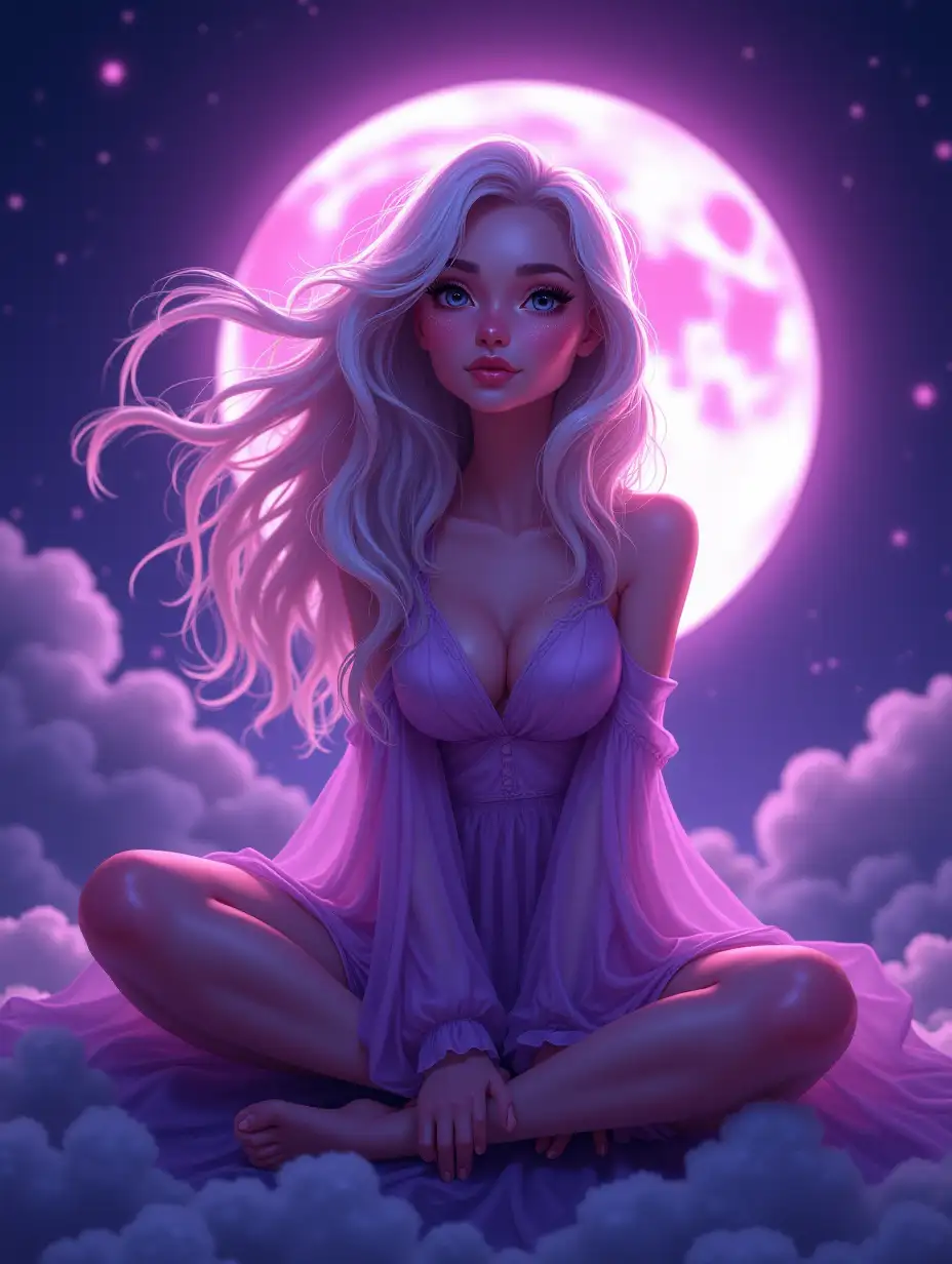 Caricature, woman with long light hair, sitting on the moon, magic, purple neon