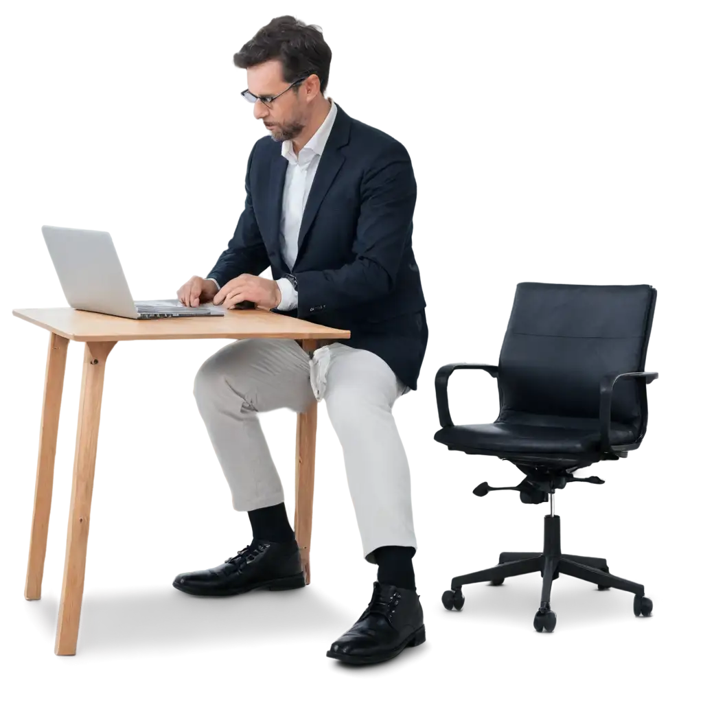 A man sitting working at a wooden desk with white legs and a black corporate chair on the right side