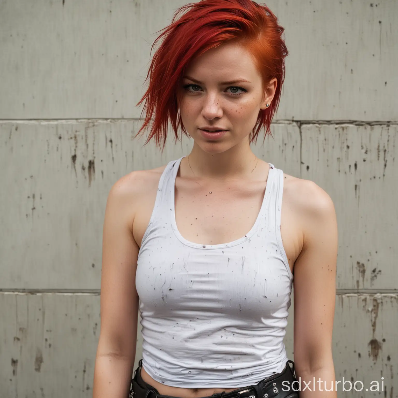 young woman, red hair, punk style, leather skirt, sweaty, dirty, white tank top,