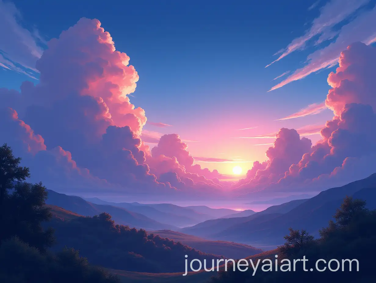 Serene-Anime-Landscape-at-Dusk-with-Majestic-Clouds